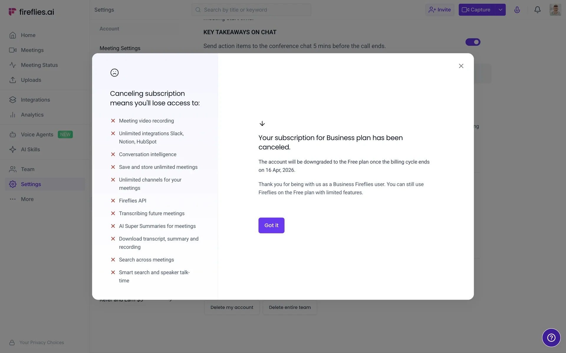 Confirmation that the Business plan subscription has been canceled and the account will downgrade to the Free plan once the billing cycle ends on 16 Apr 2026, with a Got it button