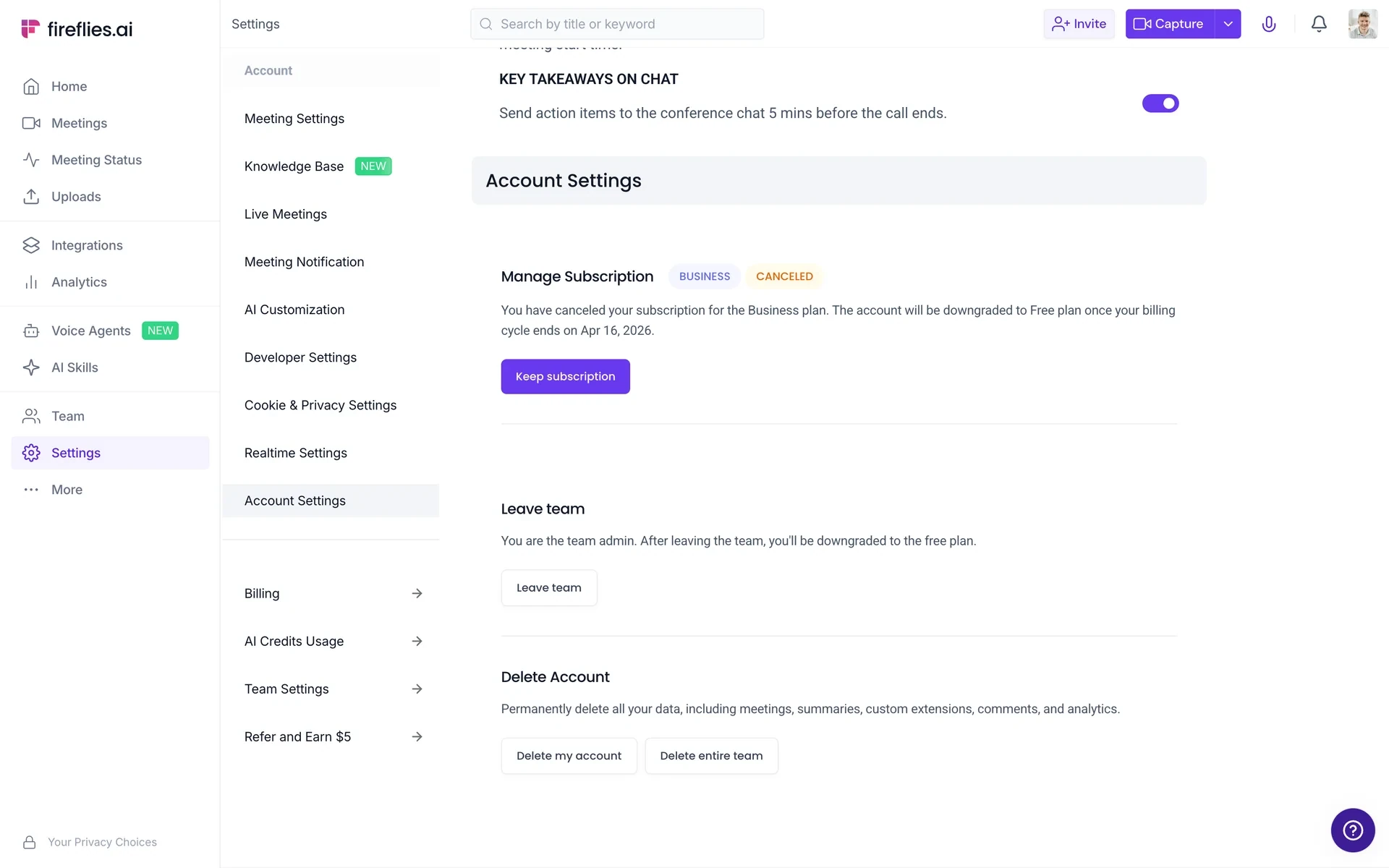 Account Settings Manage Subscription showing BUSINESS and CANCELED badges with text that the account downgrades to Free once the billing cycle ends, and a Keep subscription button