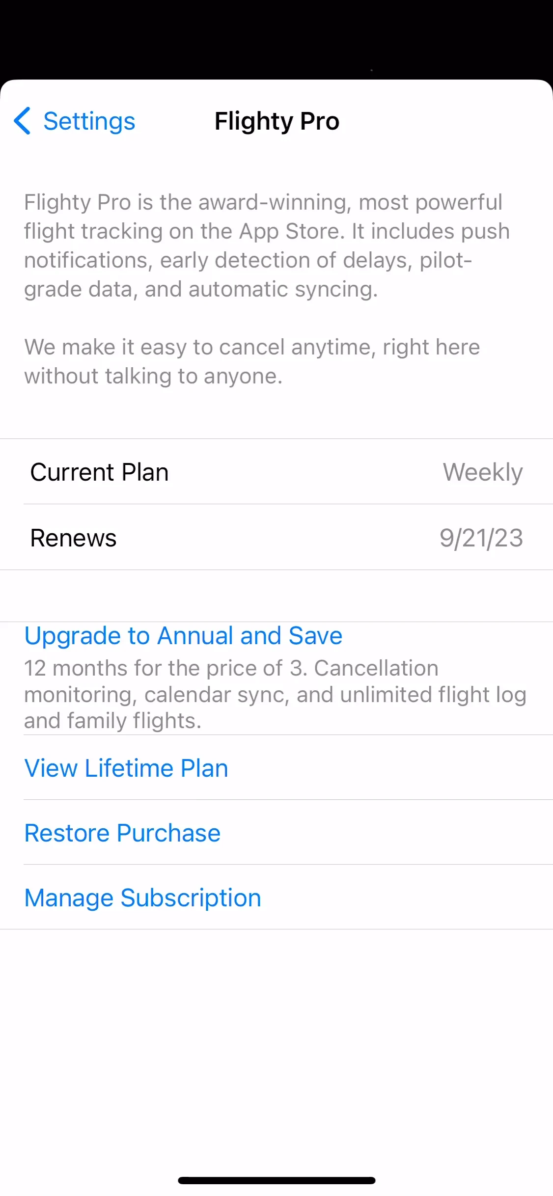 Flighty Pro screen showing Current Plan Weekly, a renewal date, blue links for Upgrade to Annual and Save, View Lifetime Plan, Restore Purchase, and Manage Subscription