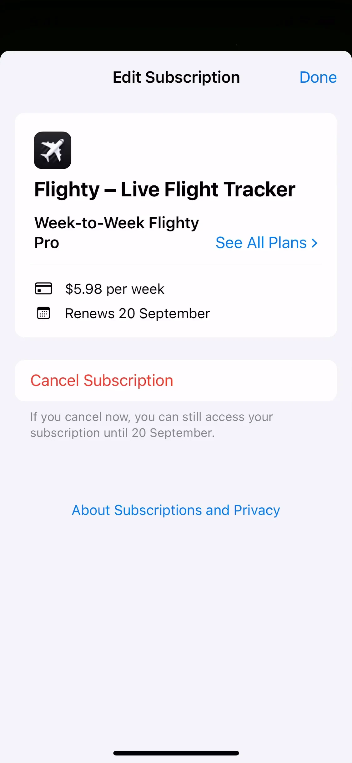 Apple Edit Subscription screen for Flighty – Live Flight Tracker showing Week-to-Week Flighty Pro, a weekly price, Renews date, a red Cancel Subscription button, and gray text that access continues until the listed date