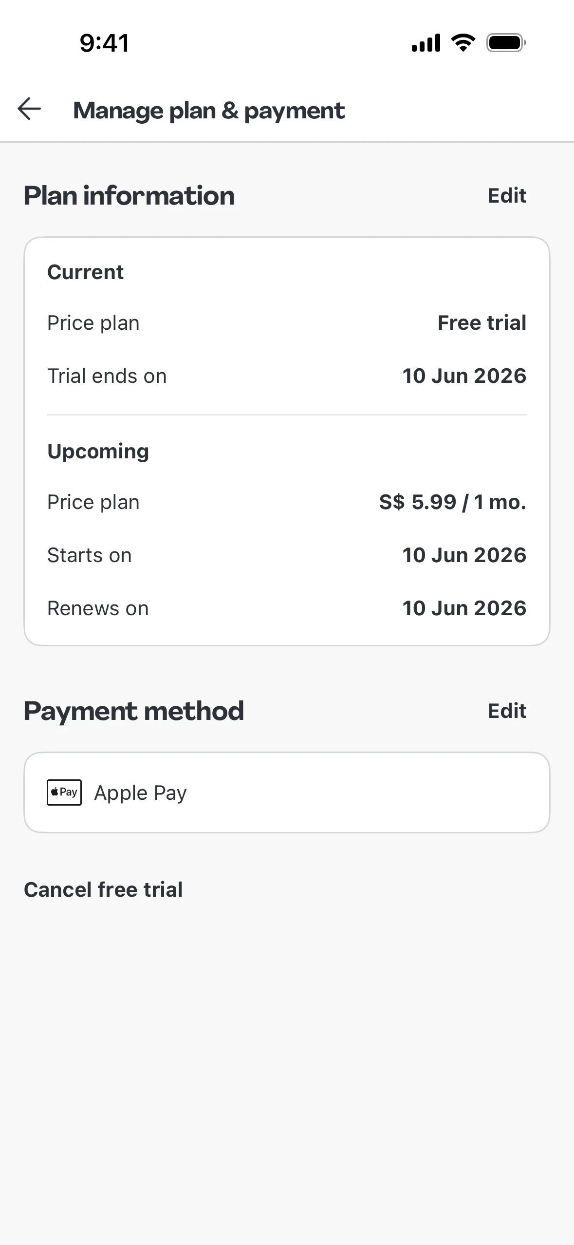 foodpanda "Manage plan & payment" screen showing a Free trial plan, an upcoming S$5.99 / 1 mo. price plan, Apple Pay as the payment method, and a Cancel free trial link