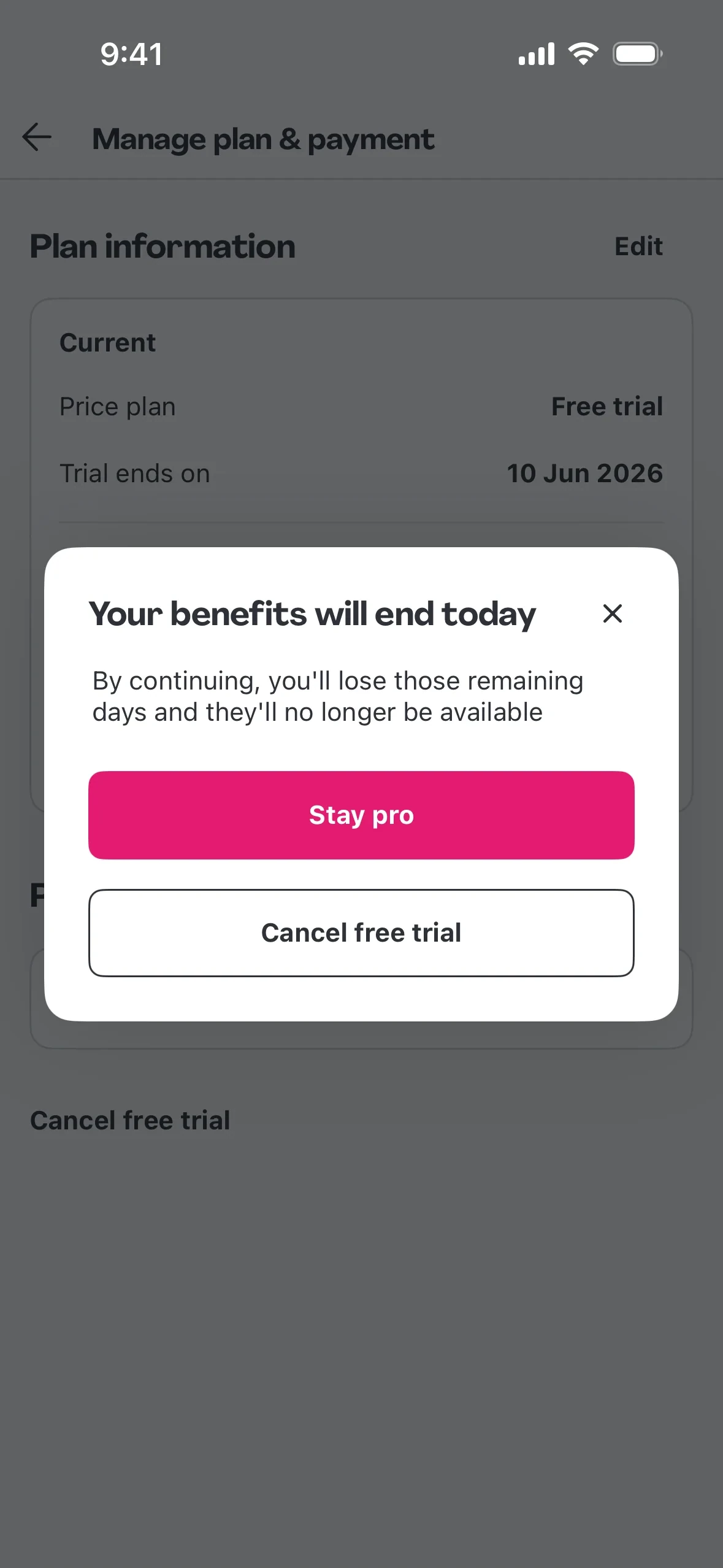 foodpanda pop-up titled "Your benefits will end today" with a pink Stay pro button and an outlined Cancel free trial button