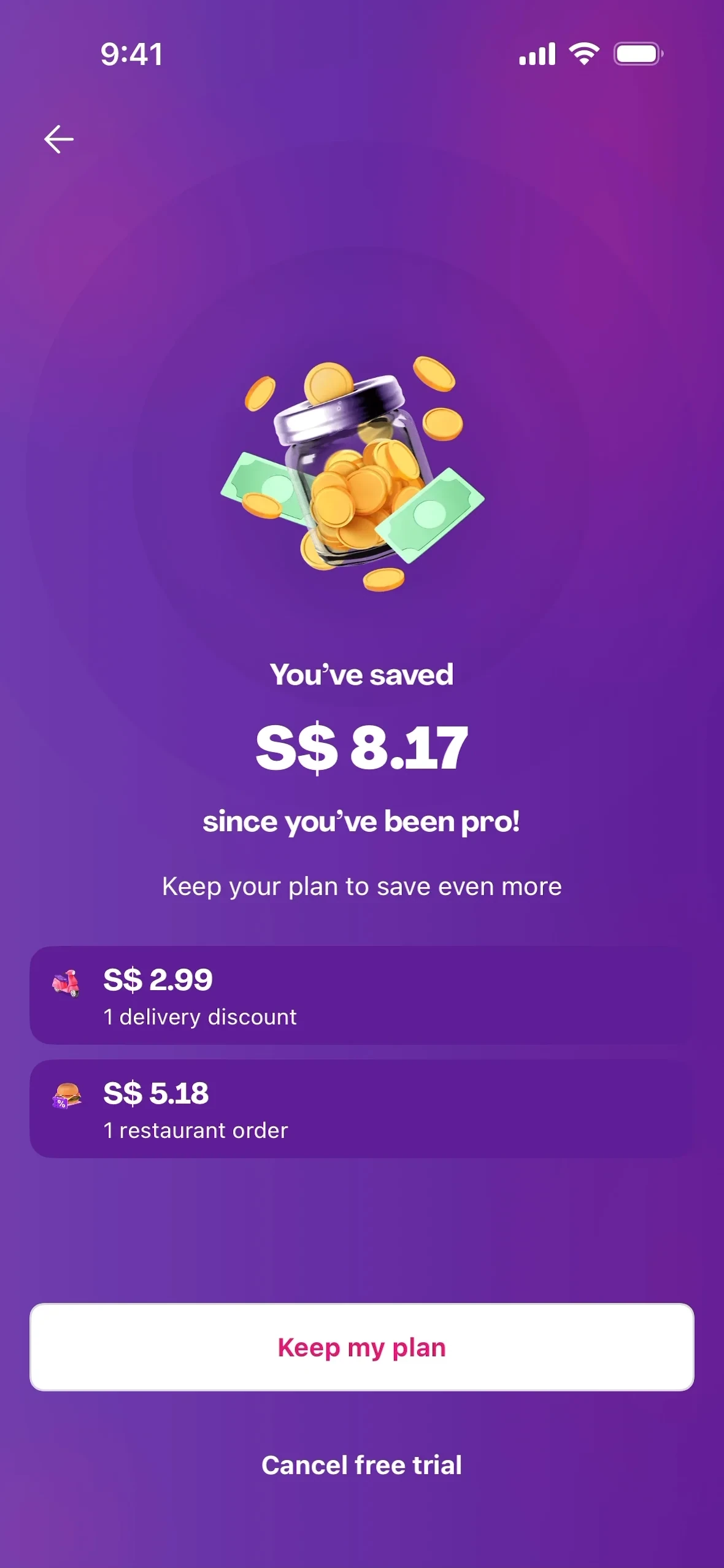 foodpanda retention screen titled "You've saved S$8.17 since you've been pro!" with a delivery-discount and restaurant-order breakdown and a Keep my plan button