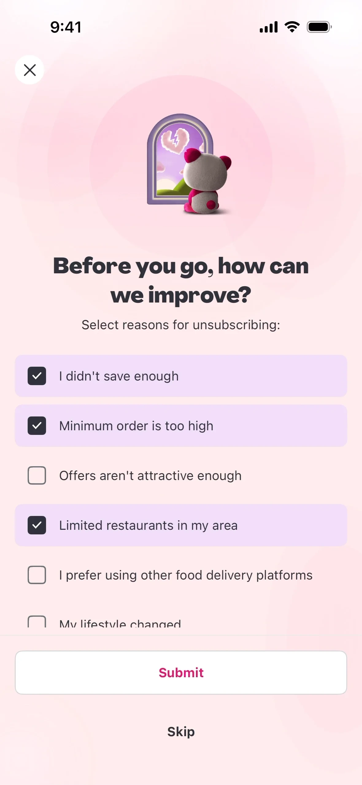 foodpanda "Before you go, how can we improve?" survey with checkboxes for reasons to unsubscribe and Submit and Skip options
