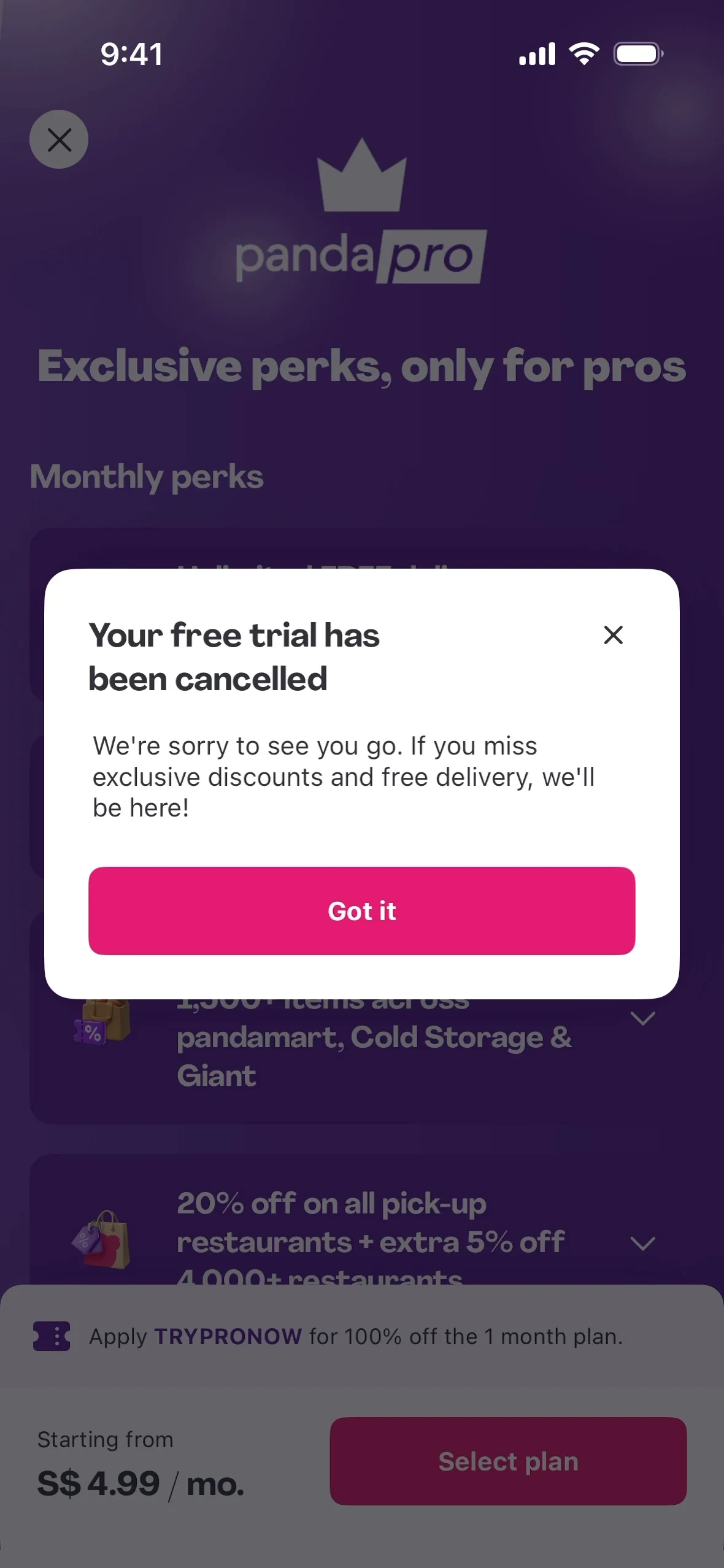 foodpanda pop-up titled "Your free trial has been cancelled" reading "We're sorry to see you go" with a pink Got it button