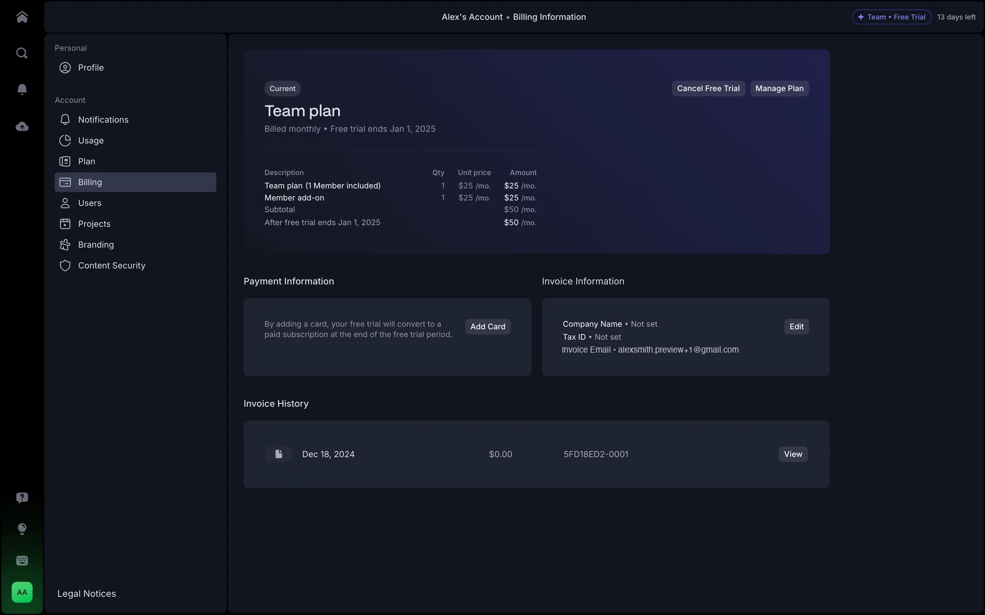 Frame.io Billing page showing a Team plan on free trial with Cancel Free Trial and Manage Plan buttons, a billing breakdown of $50/mo for 2 members, and Payment Information / Invoice History sections below
