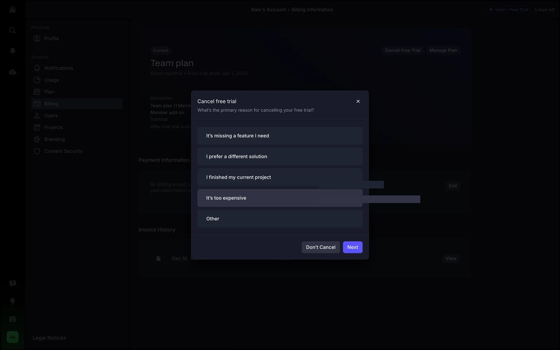 Frame.io Cancel free trial modal with five reason options, "It's too expensive" highlighted, and Don't Cancel and Next buttons at the bottom