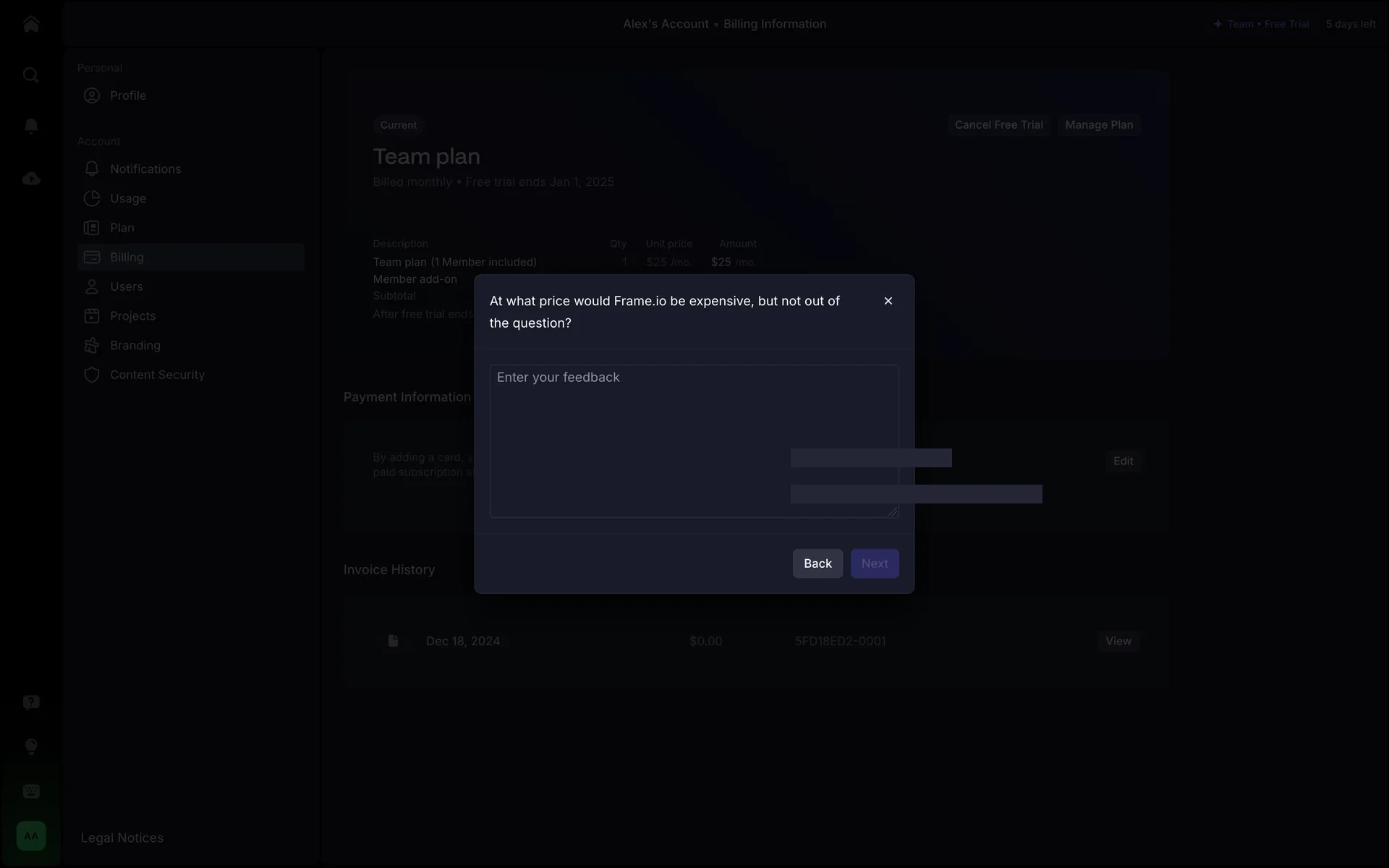 Frame.io pricing feedback modal asking "At what price would Frame.io be expensive, but not out of the question?" with an empty textarea and Back / Next buttons
