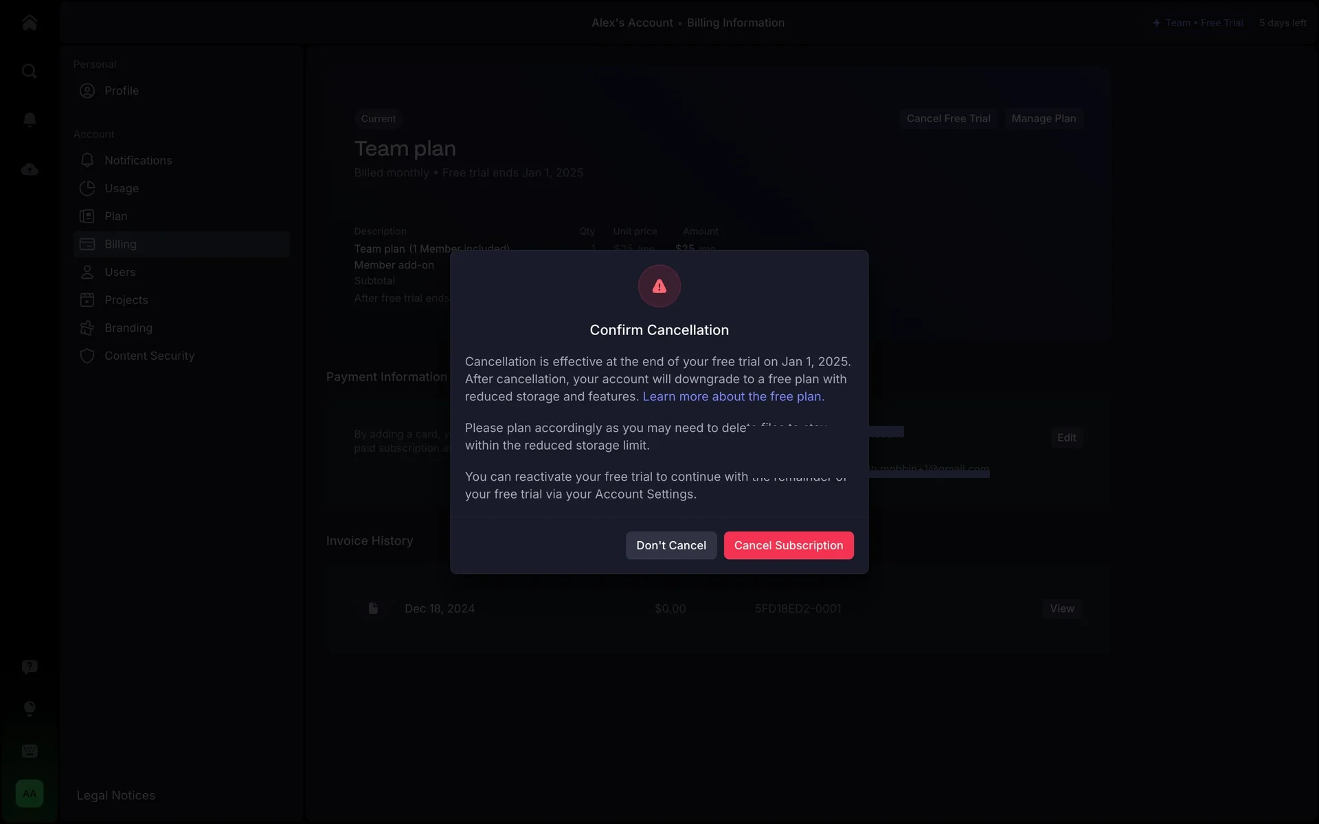 Frame.io Confirm Cancellation dialog with a warning icon, text stating cancellation is effective at the end of the free trial, a storage reduction warning, and Don't Cancel / Cancel Subscription buttons