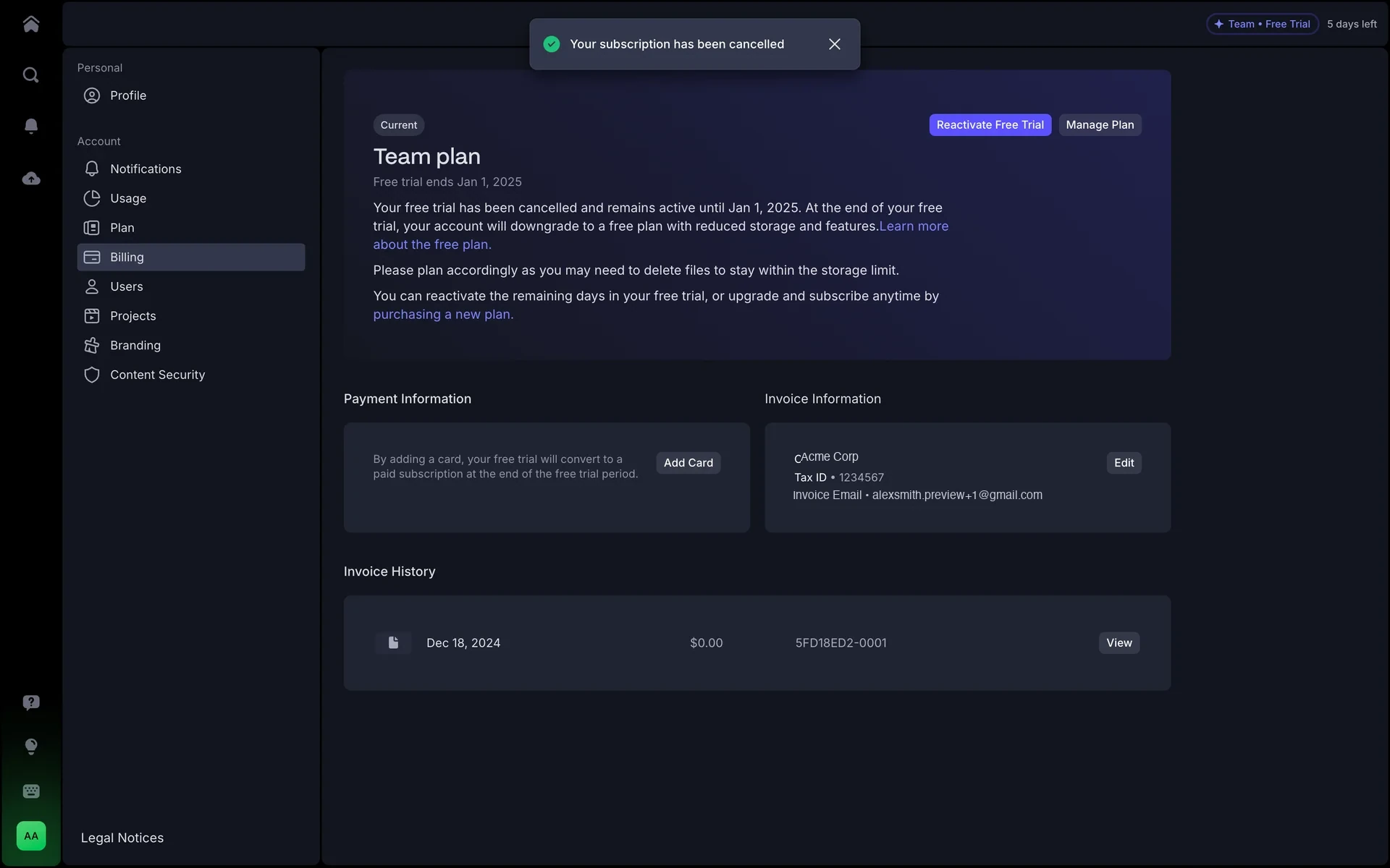 Frame.io Billing page after cancellation showing a green "Your subscription has been cancelled" toast, a Reactivate Free Trial button, and details about the free plan downgrade date