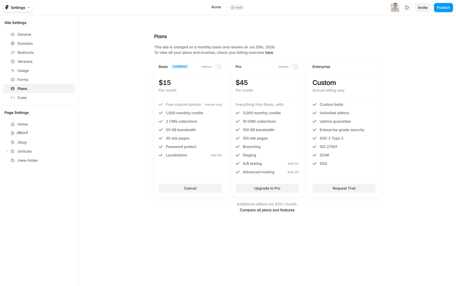 Framer Site Settings on the Plans tab, header reading "This site is charged on a monthly basis and renews on Jul 25th, 2026", with the Basic card marked CURRENT at $15 per month and a Cancel button, alongside Pro at $45 and a Custom Enterprise card