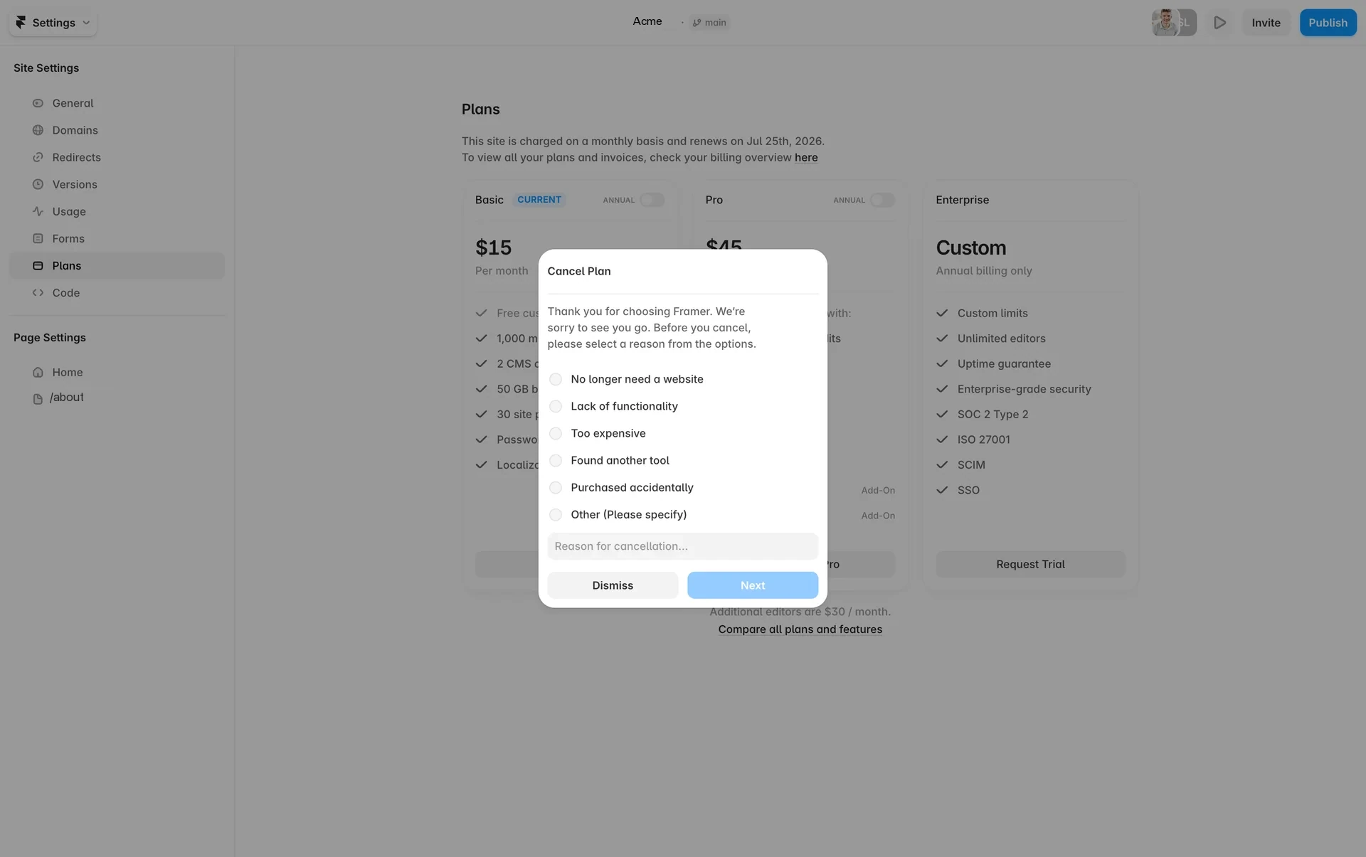 Framer Cancel Plan dialog with six unselected radio options for the cancellation reason, an empty "Reason for cancellation..." text field, and a Dismiss button beside a pale, disabled Next button