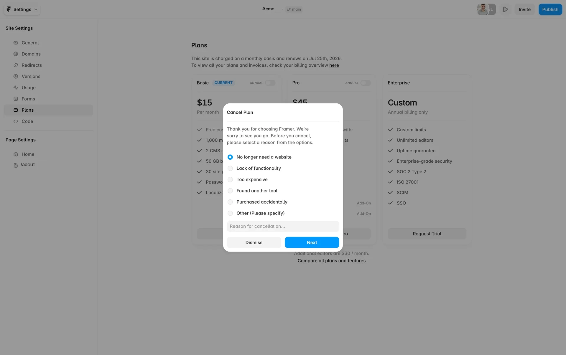 The same Cancel Plan dialog with "No longer need a website" selected, its radio filled blue, and the Next button now solid blue and active