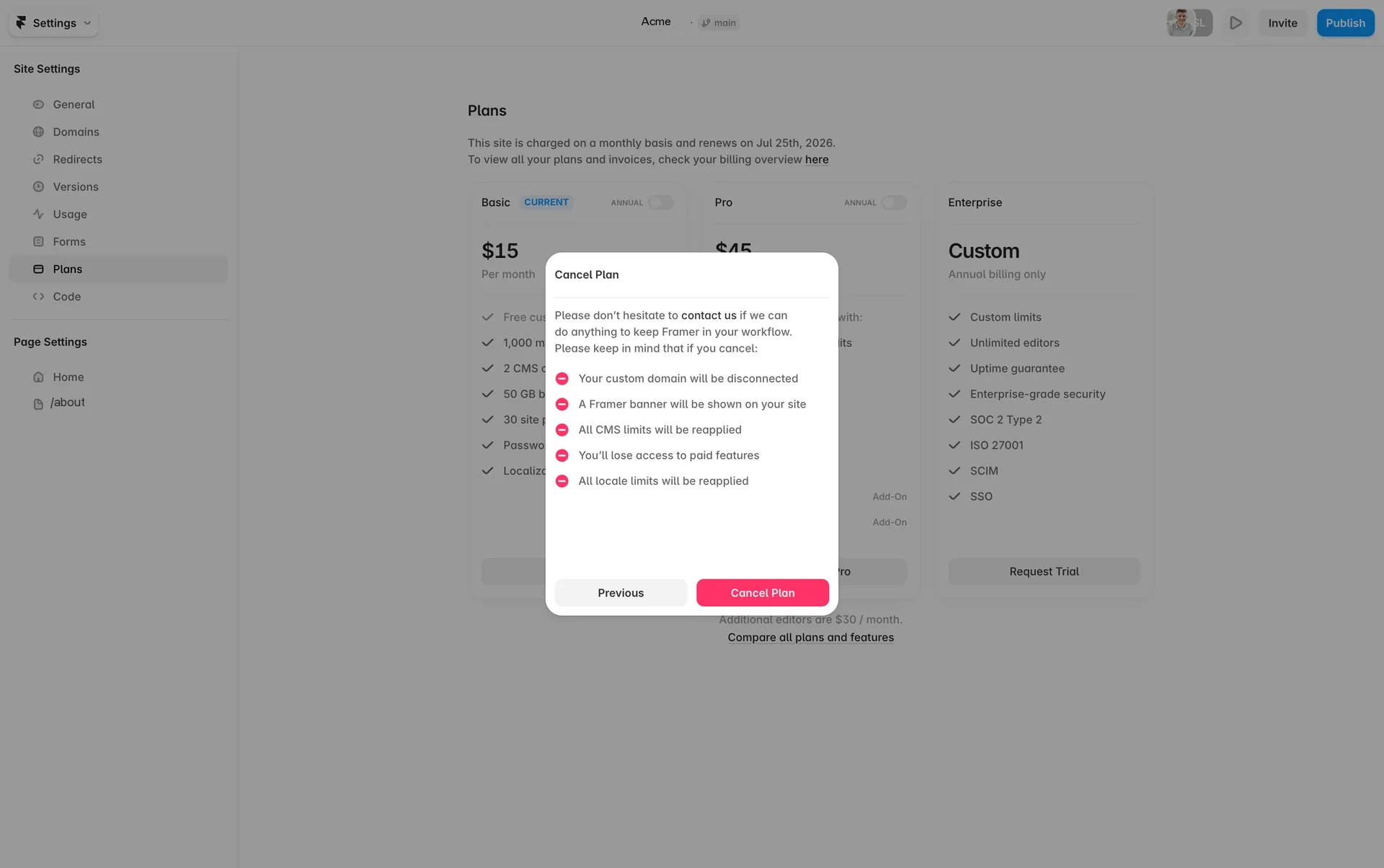 Second step of the Framer Cancel Plan dialog listing five consequences each marked with a red minus icon, above a Previous button and a red Cancel Plan confirmation button