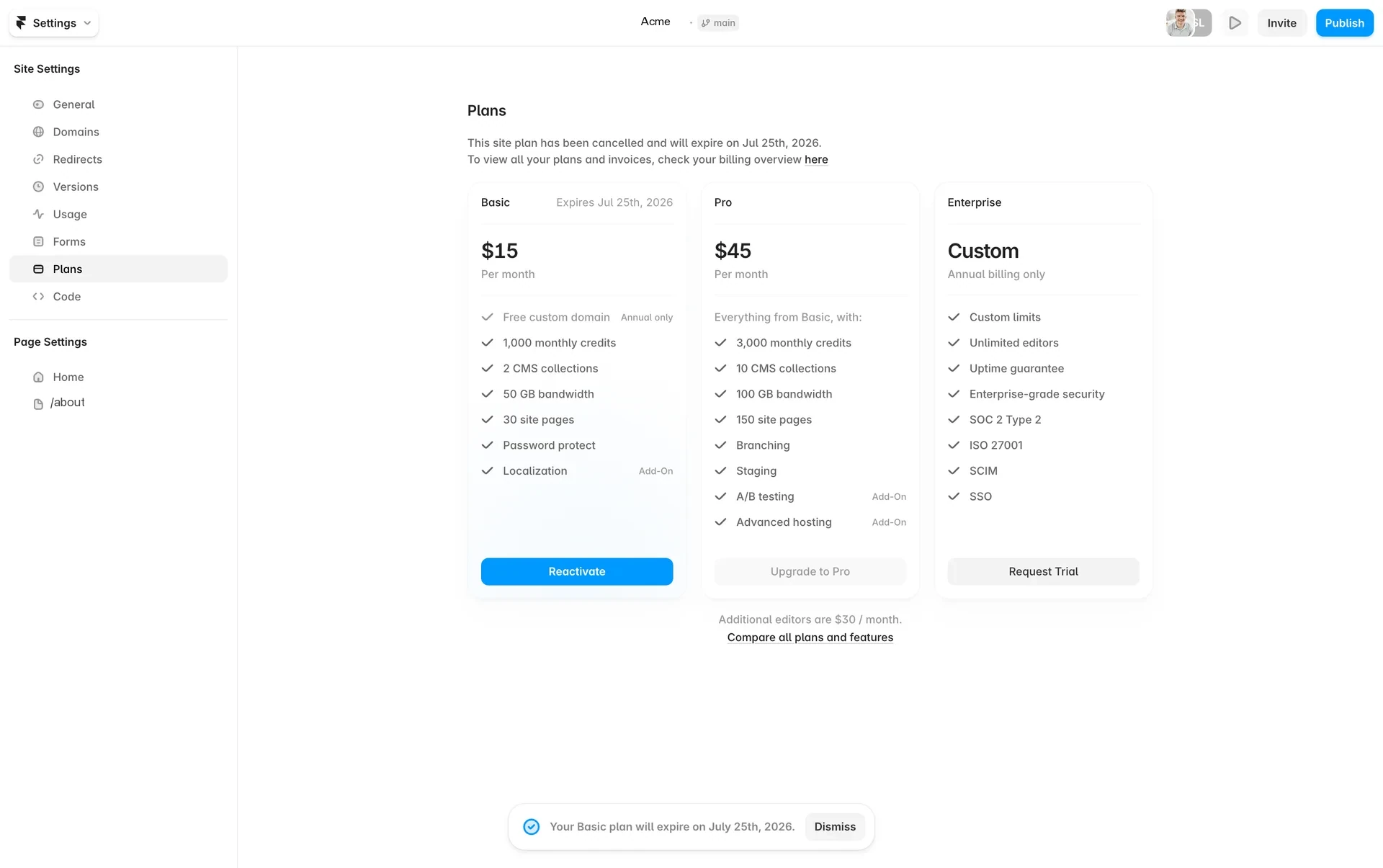 Framer Plans page after cancelling, header reading "This site plan has been cancelled and will expire on Jul 25th, 2026", the Basic card labelled Expires Jul 25th 2026 with a blue Reactivate button, and a confirmation toast at the bottom