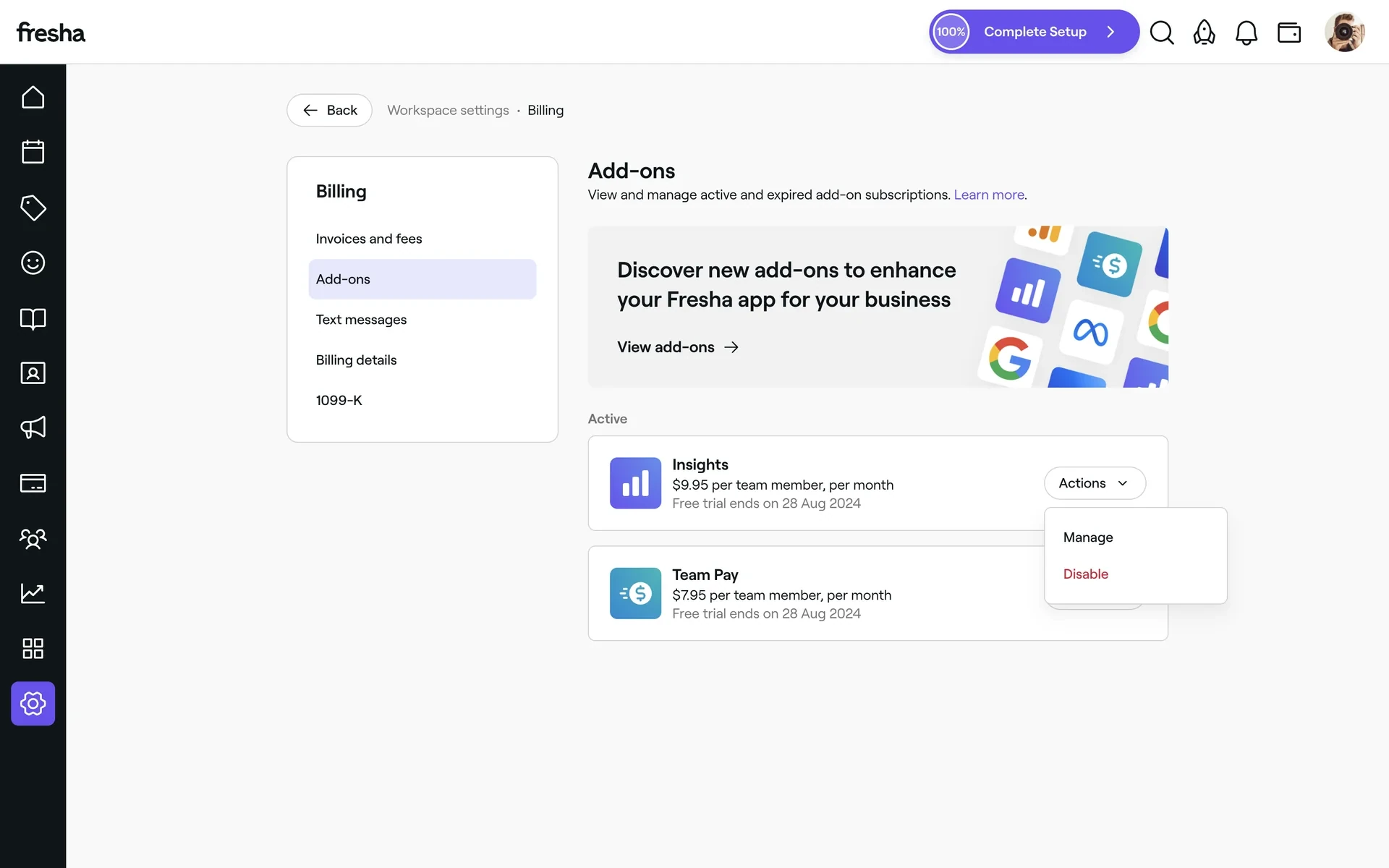 Fresha Workspace settings, Billing, Add-ons page captured in August 2024, listing active Insights at $9.95 per team member, per month and Team Pay at $7.95 per team member, per month, both with a free trial ending 28 Aug 2024, and the Insights Actions menu open on Manage and a red Disable