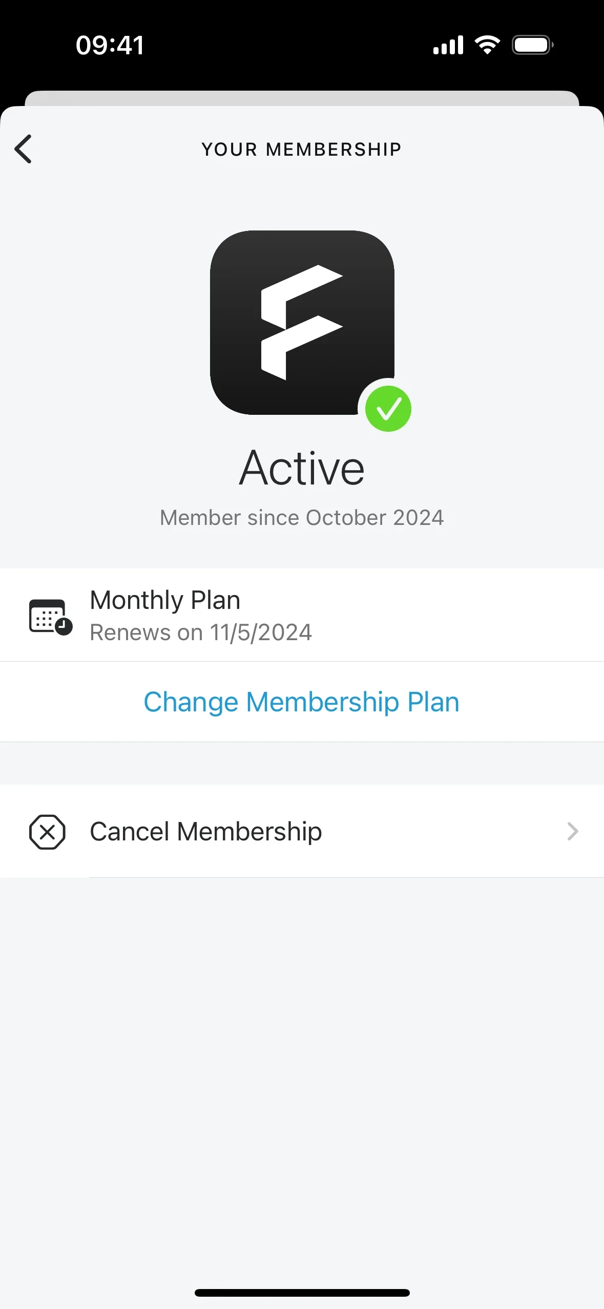 Future YOUR MEMBERSHIP screen showing Active status, "Member since October 2024", a Monthly Plan renewing on 11/5/2024, a blue Change Membership Plan link, and the Cancel Membership row