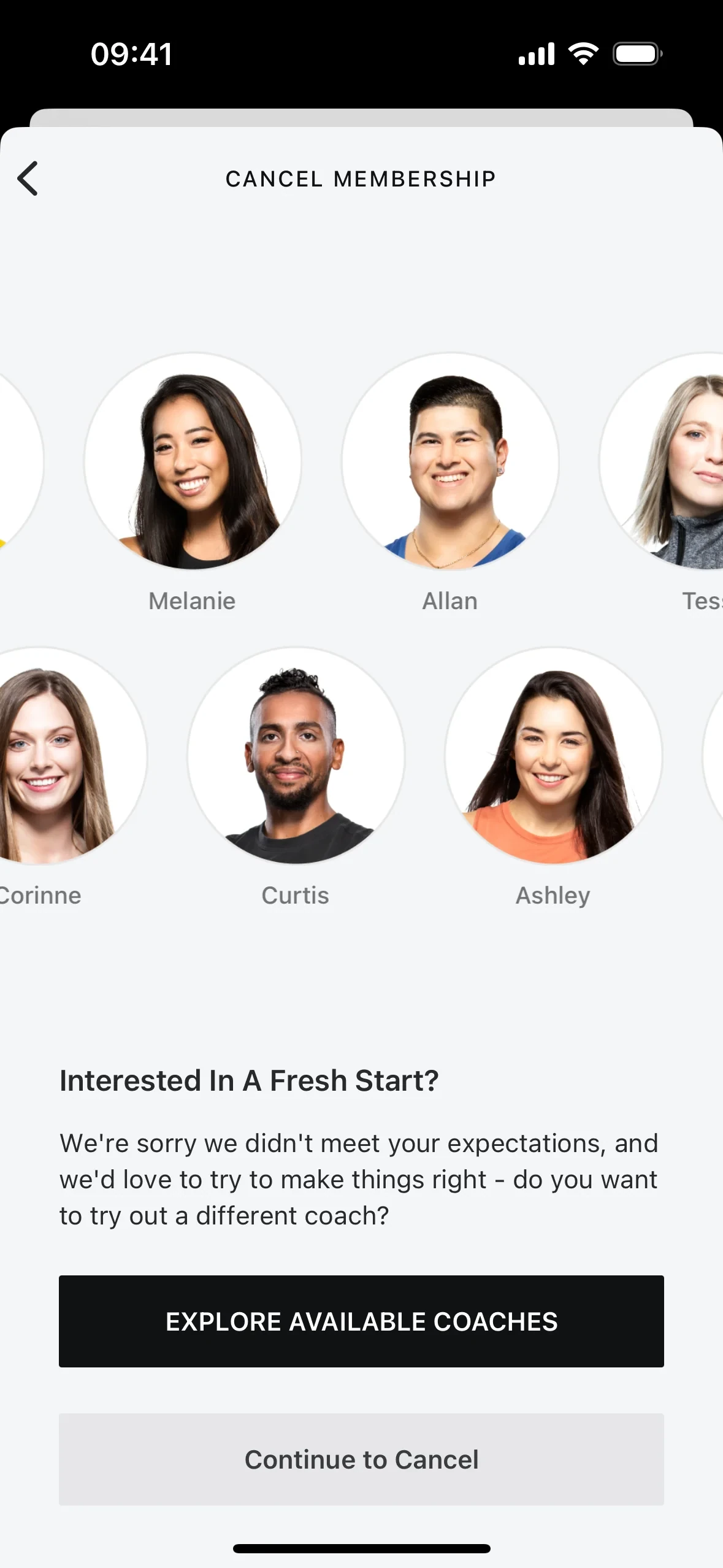 Future CANCEL MEMBERSHIP screen showing a carousel of coach headshots labelled Melanie, Allan, Tessa, Corinne, Curtis and Ashley above the heading "Interested In A Fresh Start?" with EXPLORE AVAILABLE COACHES and Continue to Cancel buttons