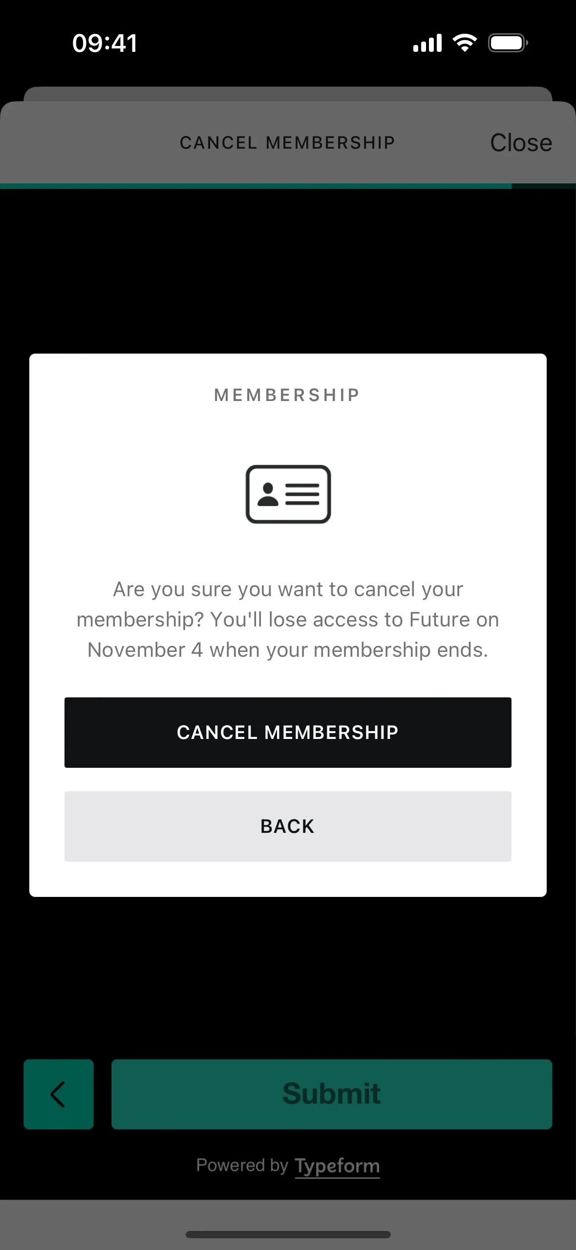 A MEMBERSHIP confirmation dialog over the Typeform survey reading "Are you sure you want to cancel your membership? You'll lose access to Future on November 4 when your membership ends." with CANCEL MEMBERSHIP and BACK buttons