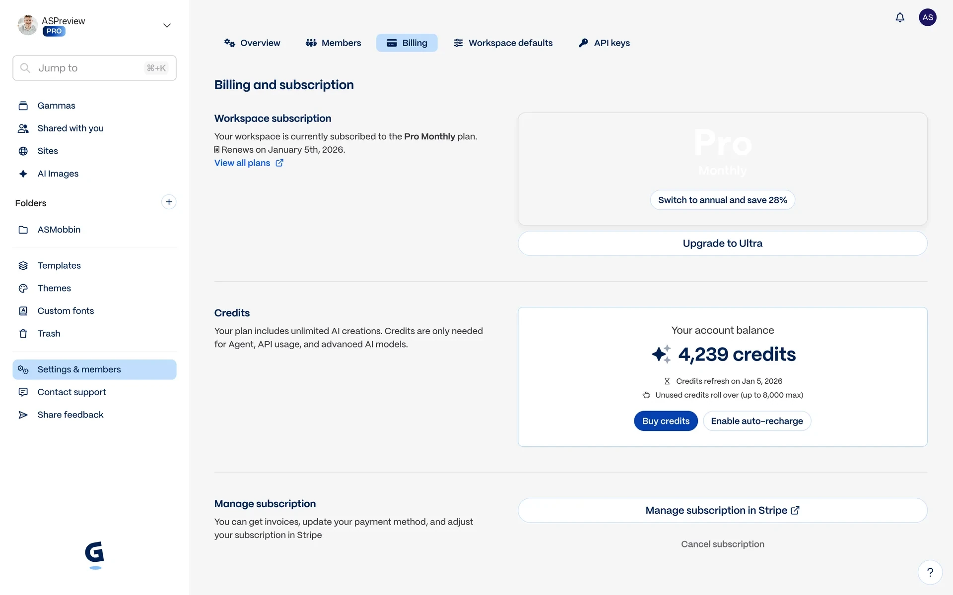 Gamma Billing and subscription page showing the Pro Monthly plan, credit balance, and the Cancel subscription link at the bottom