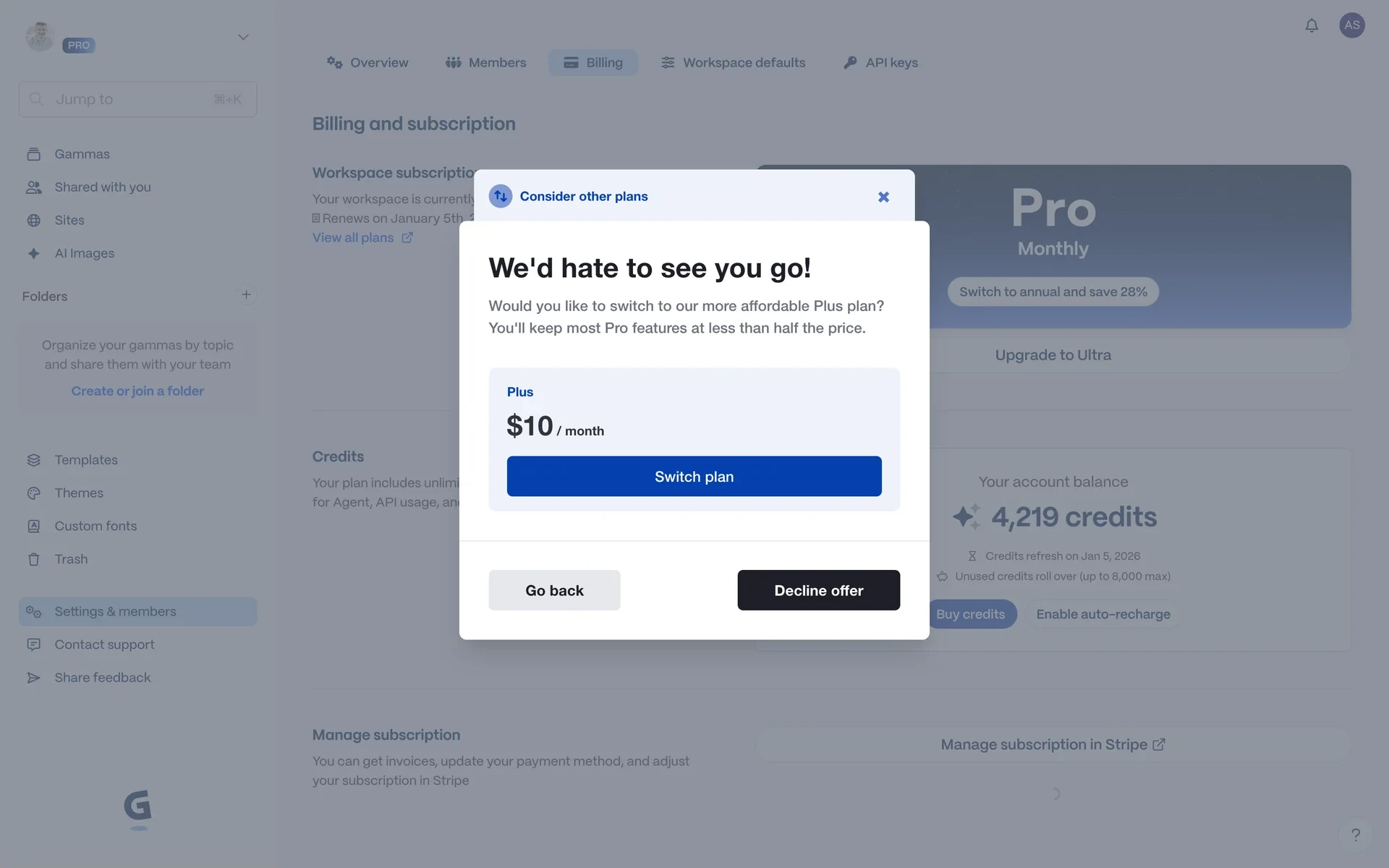 Gamma cancellation downsell modal offering to switch to the cheaper Plus plan with Go back and Decline offer buttons