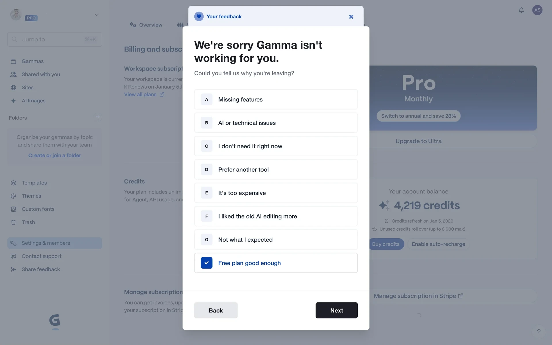 Gamma cancellation feedback survey listing eight reasons for leaving with Back and Next buttons