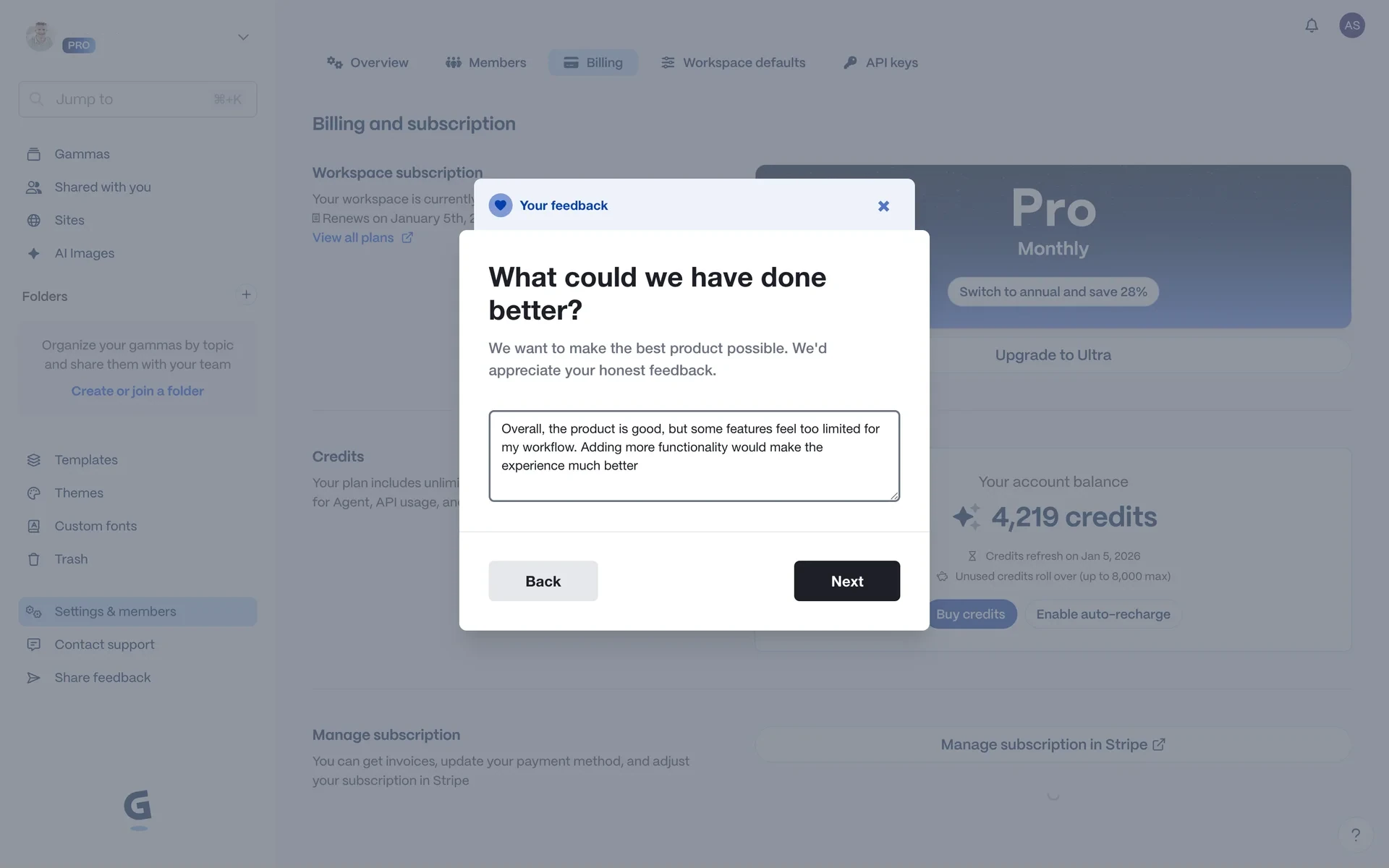 Gamma open-text feedback step asking what could have been done better, with a comment box and Next button