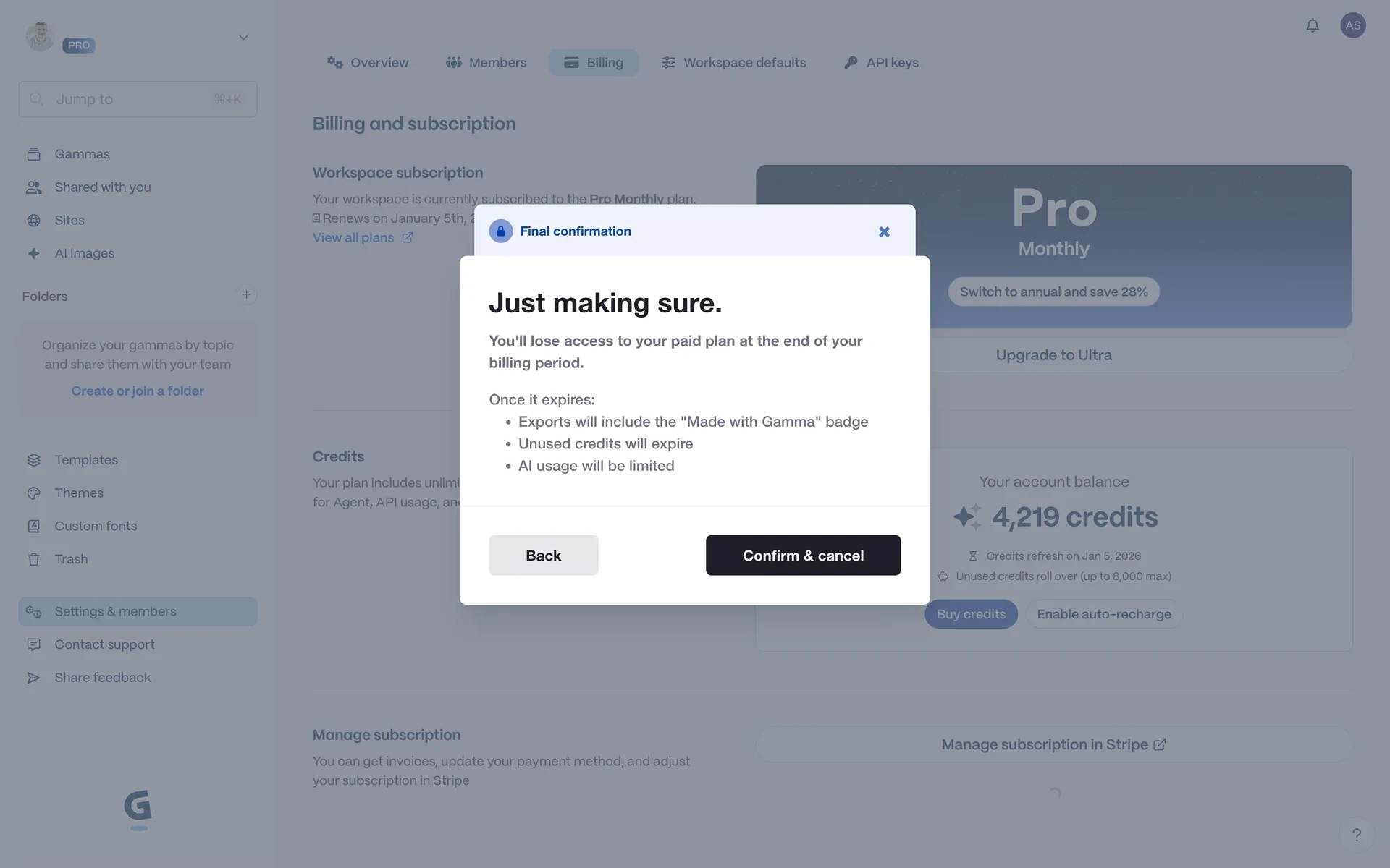 Gamma final confirmation modal listing the Made with Gamma badge, expiring credits, and limited AI usage, with a Confirm and cancel button