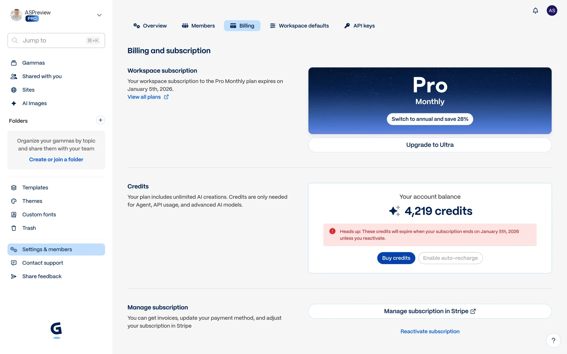 Gamma Billing page after cancelling showing the plan expires on a date, a red credits-expiry banner, and a Reactivate subscription link