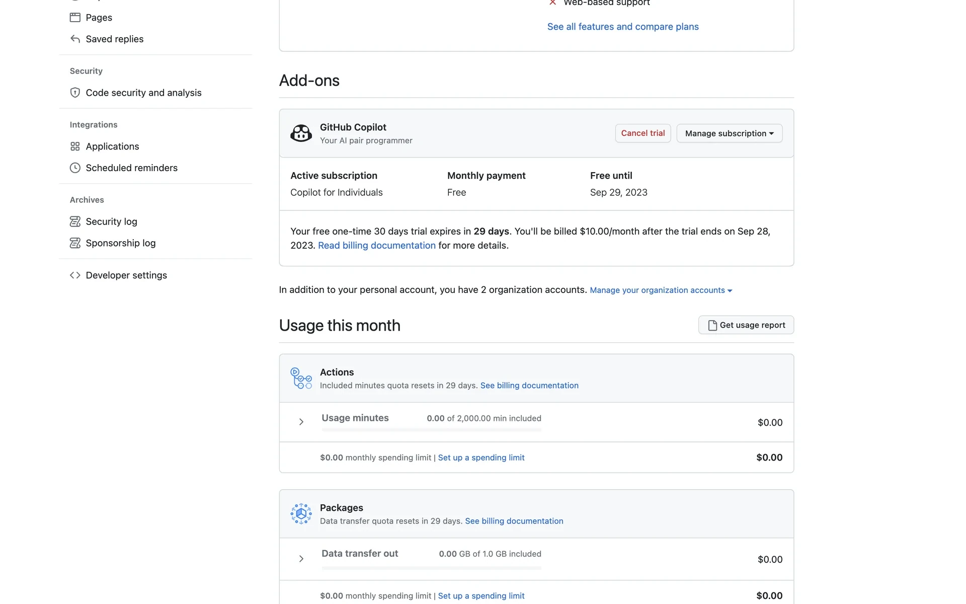 GitHub billing Add-ons section showing GitHub Copilot with a red Cancel trial button, Manage subscription dropdown, Copilot for Individuals, monthly payment Free, and a blue banner that the 30-day trial bills $10/month after Sep 28, 2023