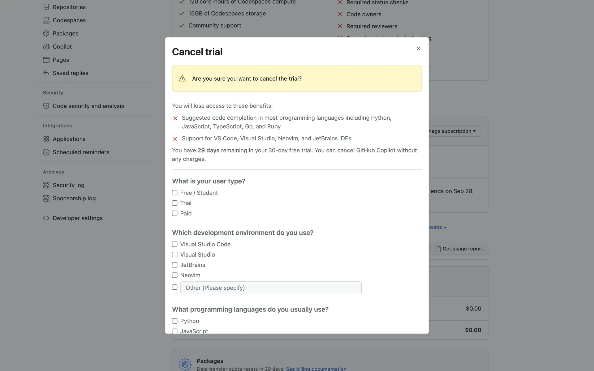 Cancel trial modal with a yellow Are you sure you want to cancel the trial warning, red X bullets for lost code completion and IDE benefits, and text that 29 days remain in the 30-day free trial with no charges