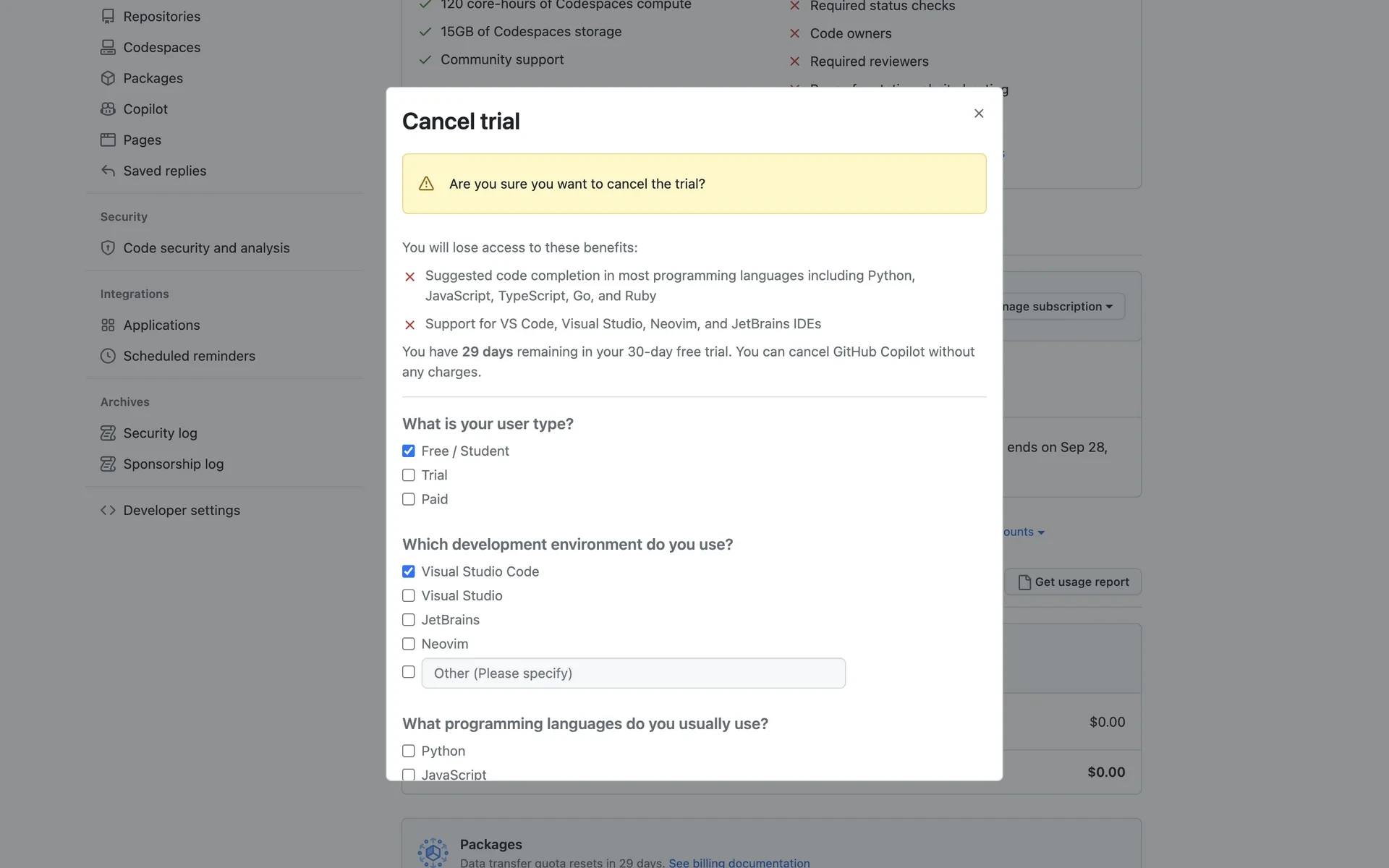 Cancel trial survey with Free / Student and Visual Studio Code checked, plus programming-language checkboxes starting with Python and JavaScript
