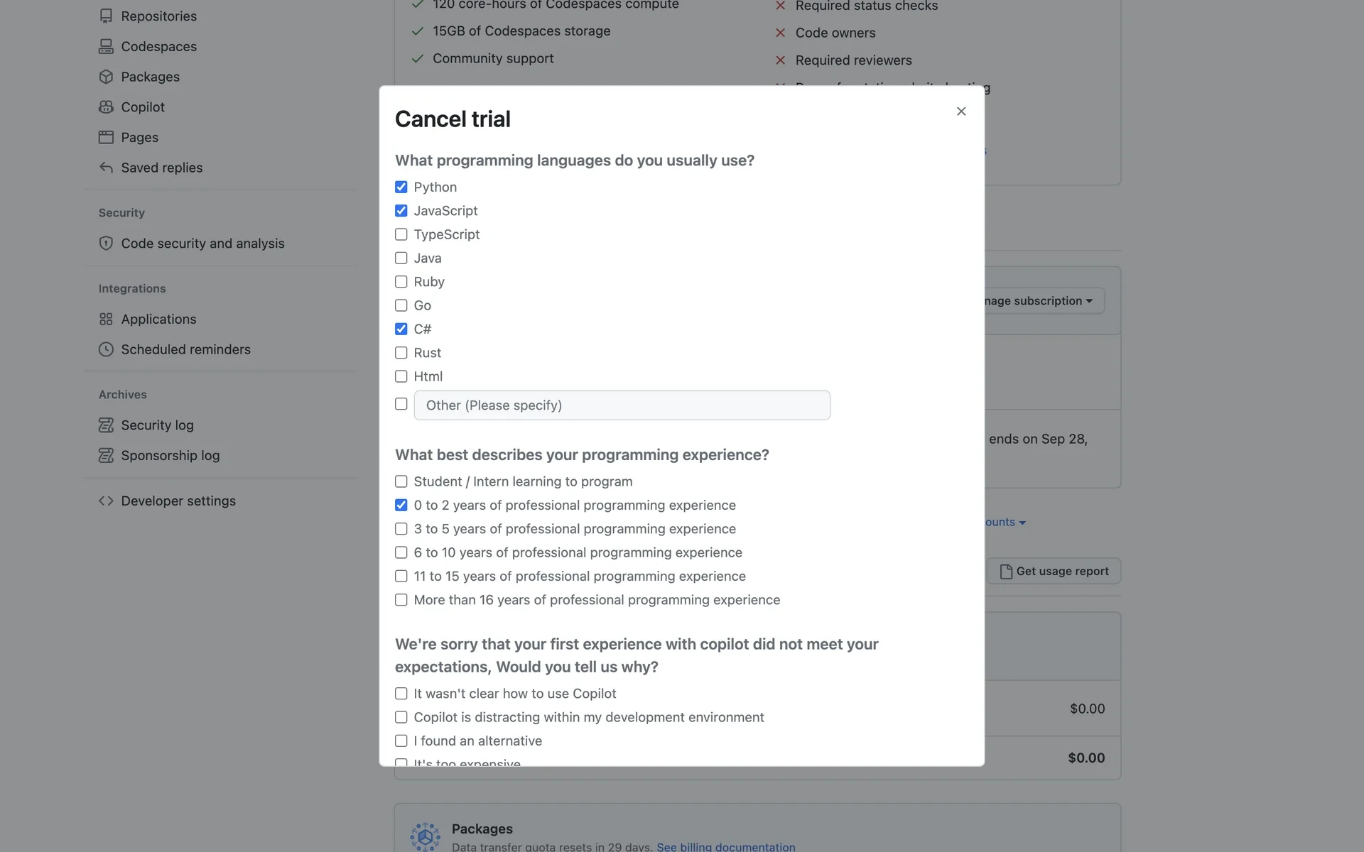 Scrolled cancel survey with Python, JavaScript, and C# checked, 0 to 2 years of professional experience selected, and cancellation reason checkboxes including too expensive and found an alternative