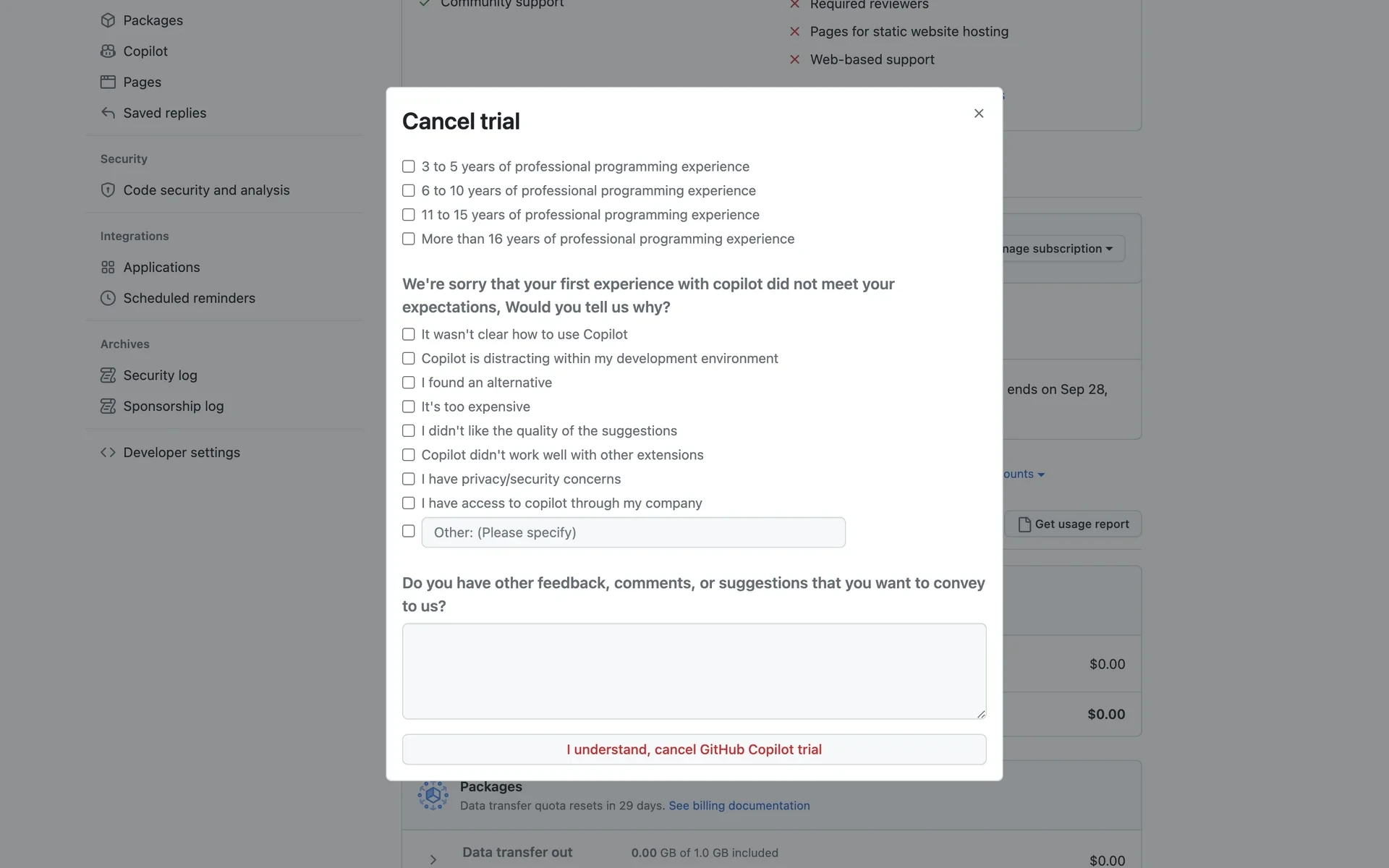 Bottom of the Cancel trial modal showing cancellation reason checkboxes, an other-feedback textarea, and a full-width red I understand, cancel GitHub Copilot trial button