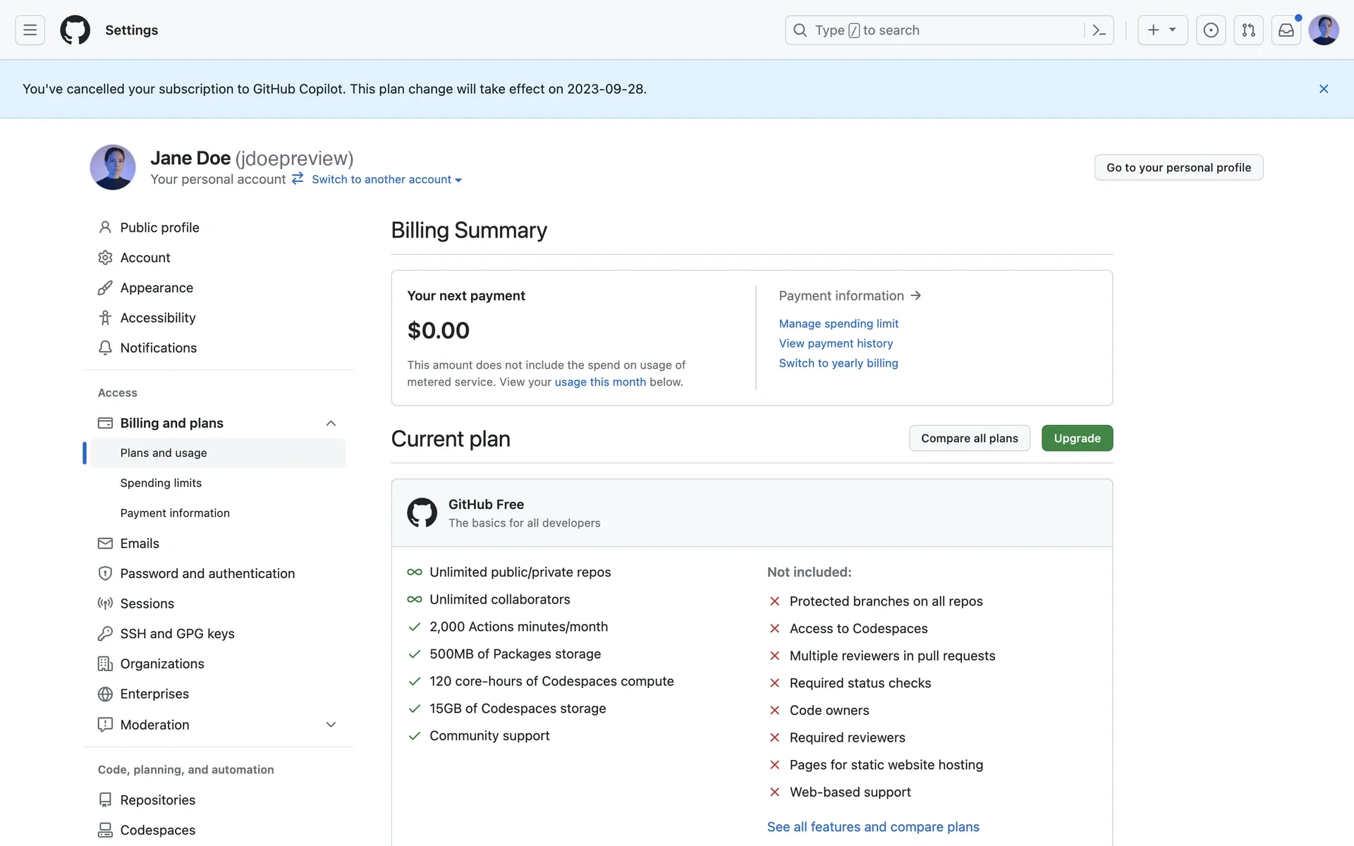 GitHub Plans and usage page with a blue banner reading You've cancelled your subscription to GitHub Copilot. This plan change will take effect on 2023-09-28, above a $0.00 billing summary and GitHub Free plan card