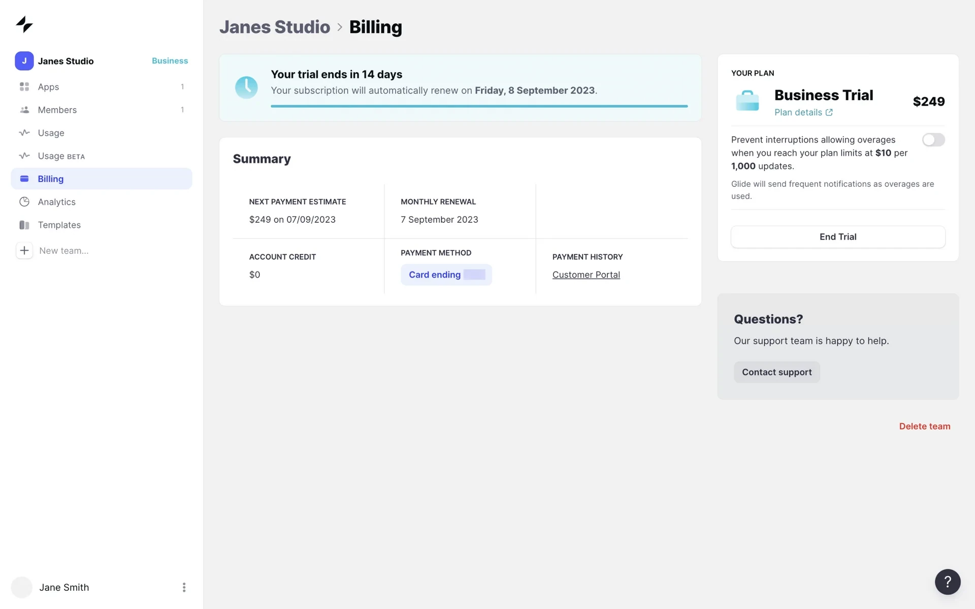 Glide Billing page showing Business Trial at $249, a banner reading "Your trial ends in 14 days" with auto-renewal date, and the End Trial button in the right panel