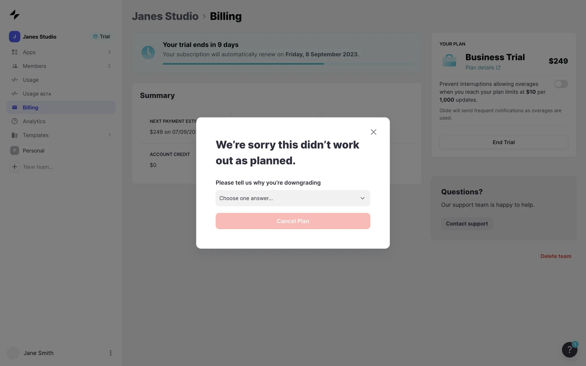Glide cancellation modal titled "We're sorry this didn't work out as planned" with a "Choose one answer" dropdown and a red Cancel Plan button