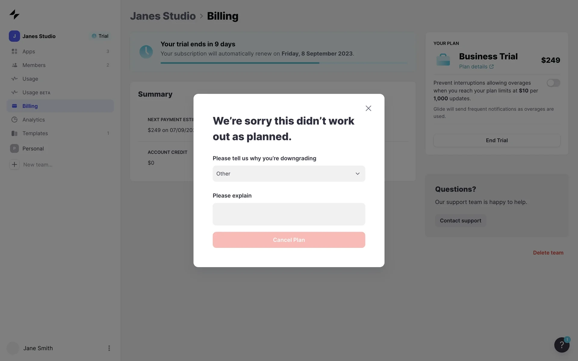 Cancellation modal with "Other" selected in the dropdown and a "Please explain" textarea visible below