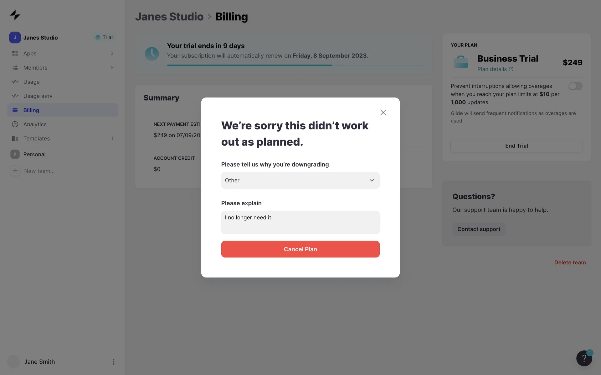 Cancellation modal with "Other" selected and the feedback textarea filled with "I no longer need it," Cancel Plan button active in red