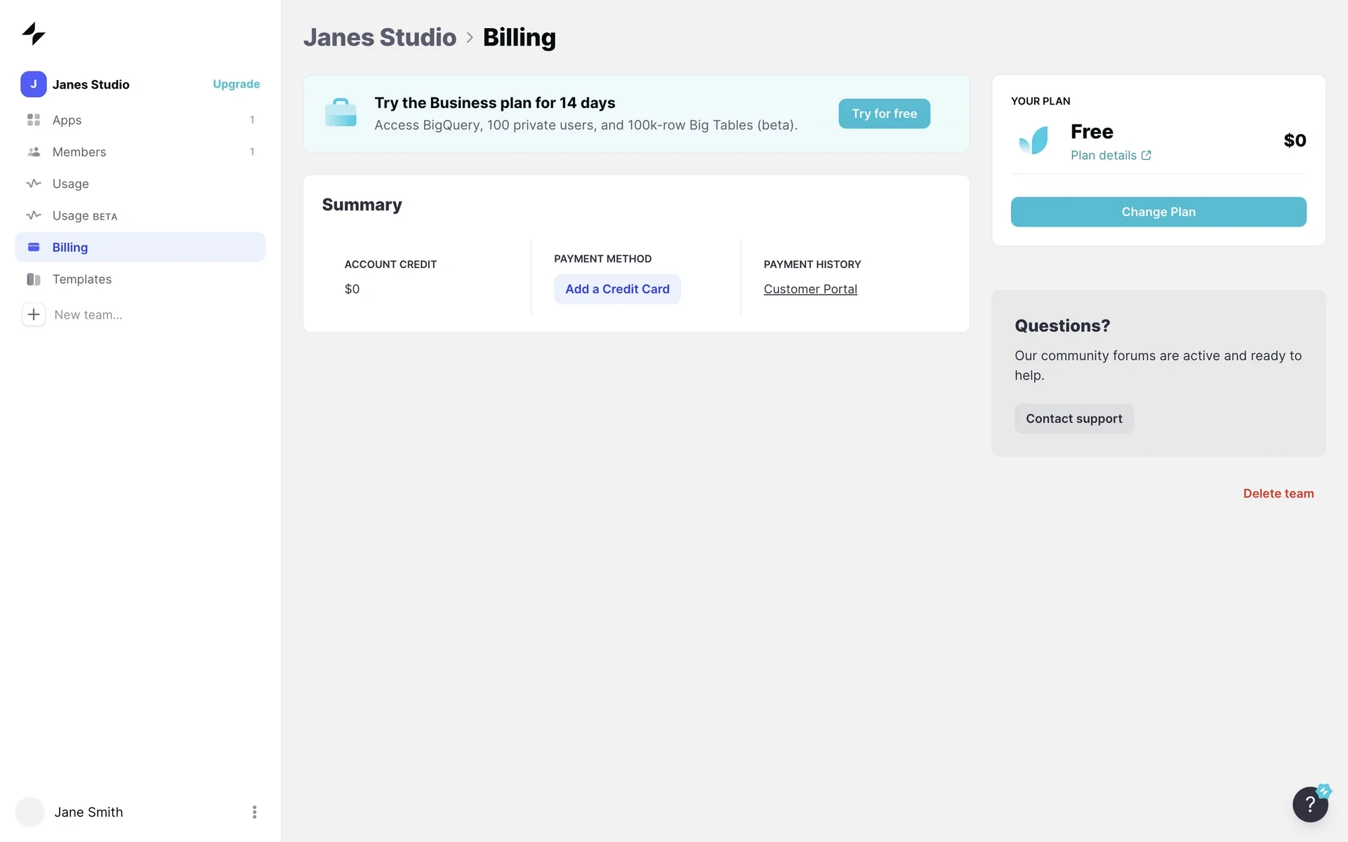 Glide Billing page after cancellation showing the Free plan at $0, a "Try the Business plan for 14 days" banner, and a Change Plan button in the right panel