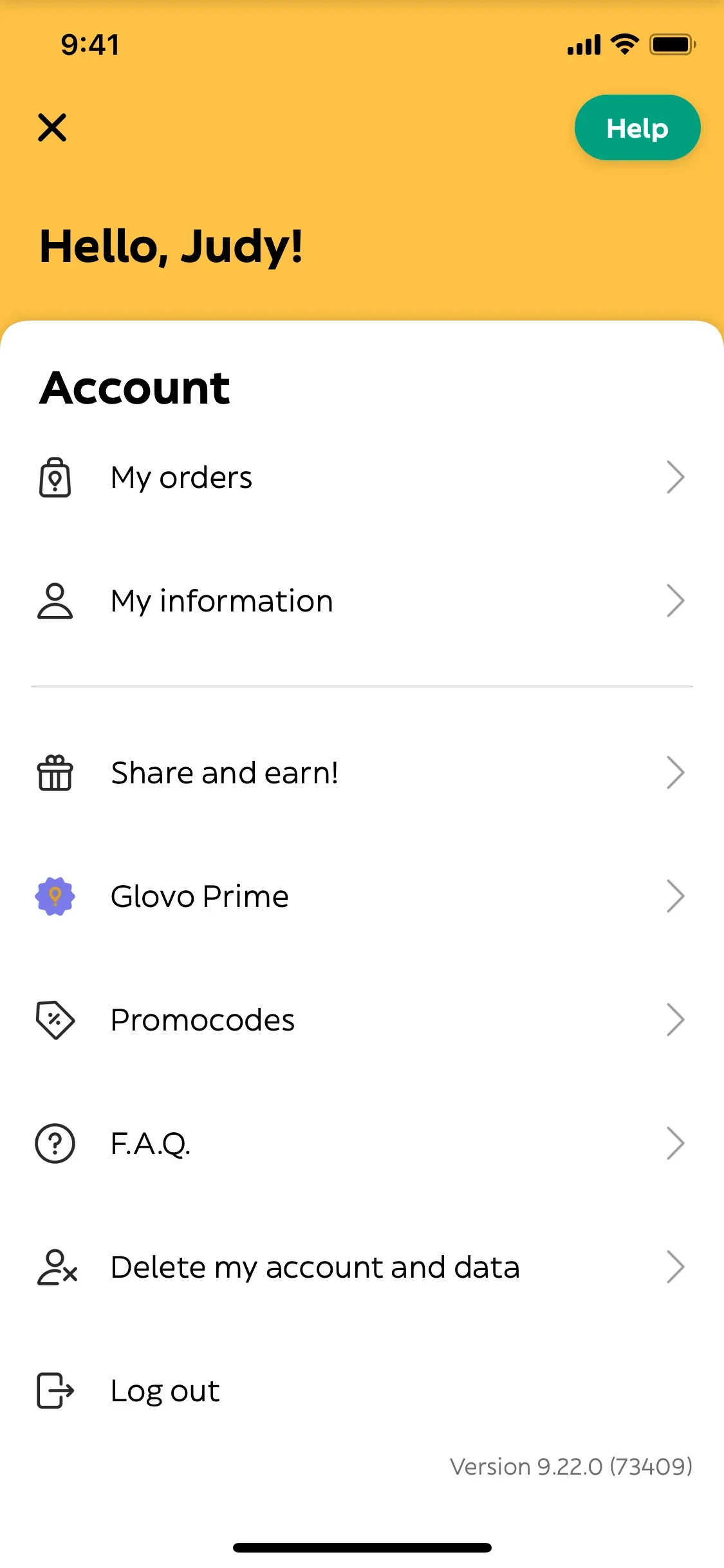 Glovo iOS Account menu showing Hello Judy greeting, with menu items including My orders, My information, Share and earn, Glovo Prime, Promocodes, F.A.Q., Delete my account and data, and Log out