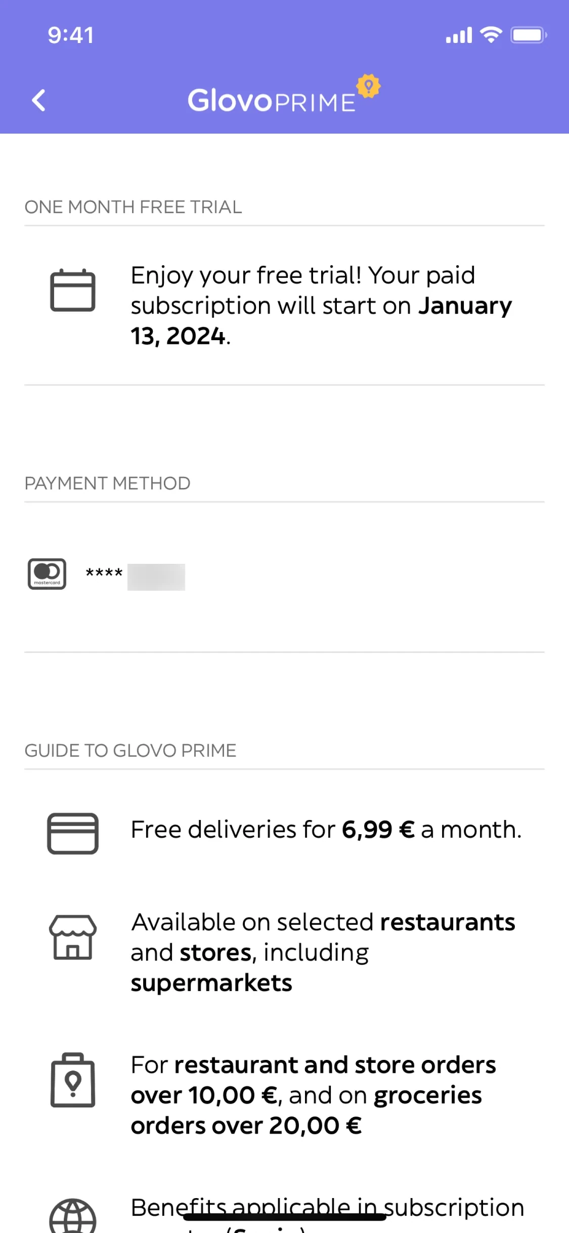 Glovo Prime subscription page showing ONE MONTH FREE TRIAL status with paid subscription start date of January 13 2024, masked payment method, and Guide to Glovo Prime benefits section listing free deliveries for 6,99 € a month