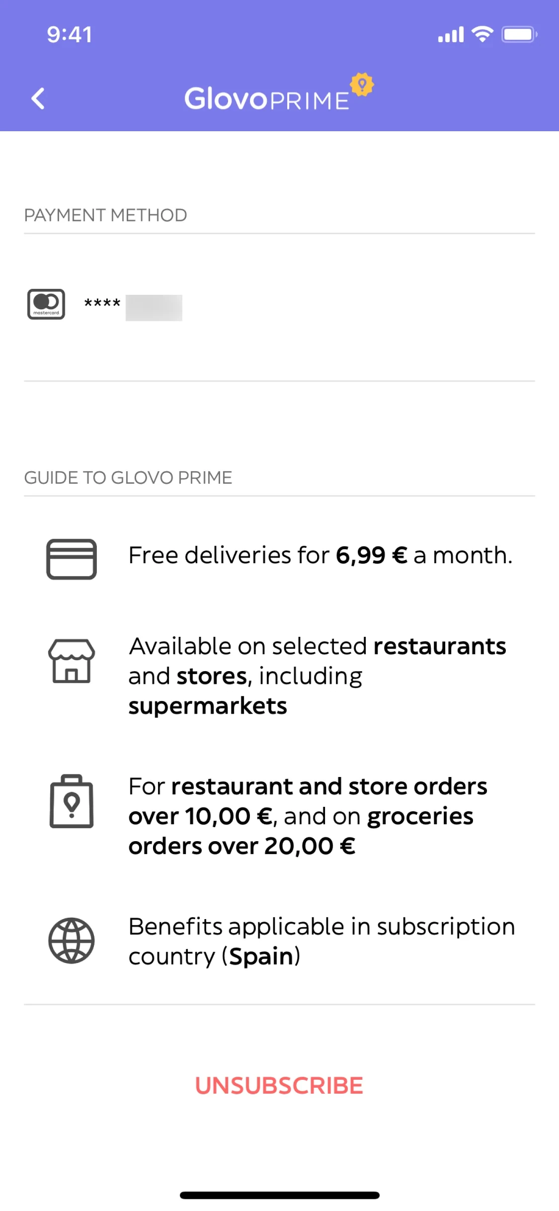 Scrolled Glovo Prime page showing benefits including free deliveries, available restaurants and stores, minimum order thresholds, benefits applicable in subscription country Spain, and the red UNSUBSCRIBE button at the bottom