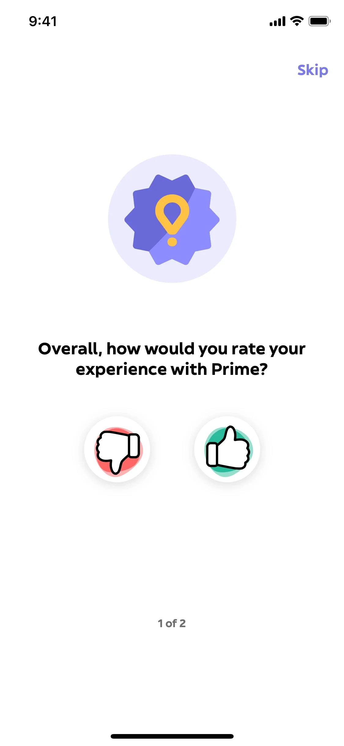 Glovo post-cancellation survey screen 1 of 2 asking Overall how would you rate your experience with Prime with thumbs-down and thumbs-up icons and a Skip link in the top right