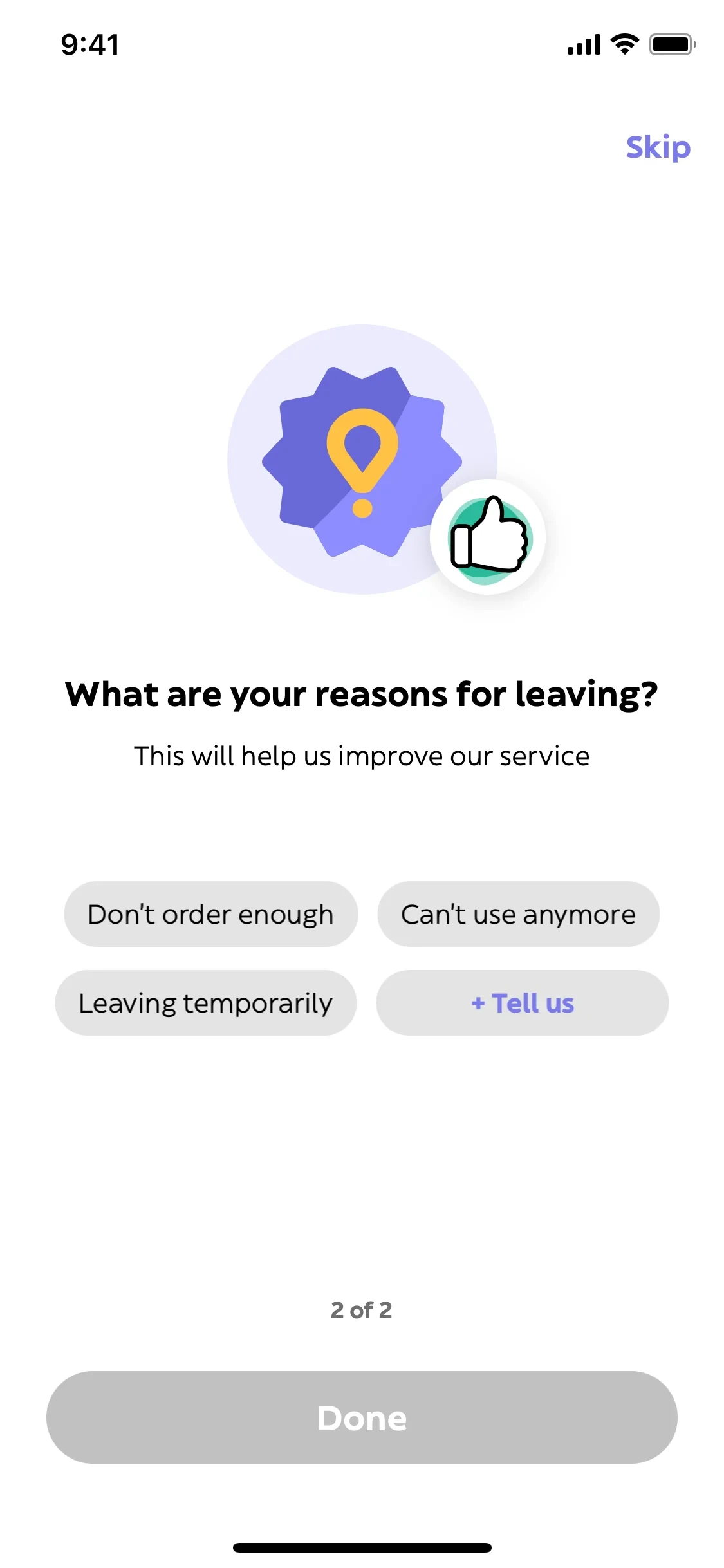 Glovo survey screen 2 of 2 asking What are your reasons for leaving with chip buttons for Don't order enough, Can't use anymore, Leaving temporarily, and Tell us, with a greyed-out Done button and Skip link