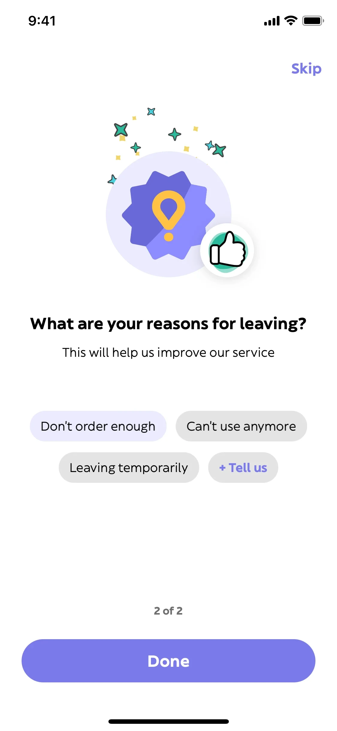Glovo final survey screen with celebratory stars animation above the Glovo Prime badge icon, the Done button now active in purple, confirming the cancellation process is complete