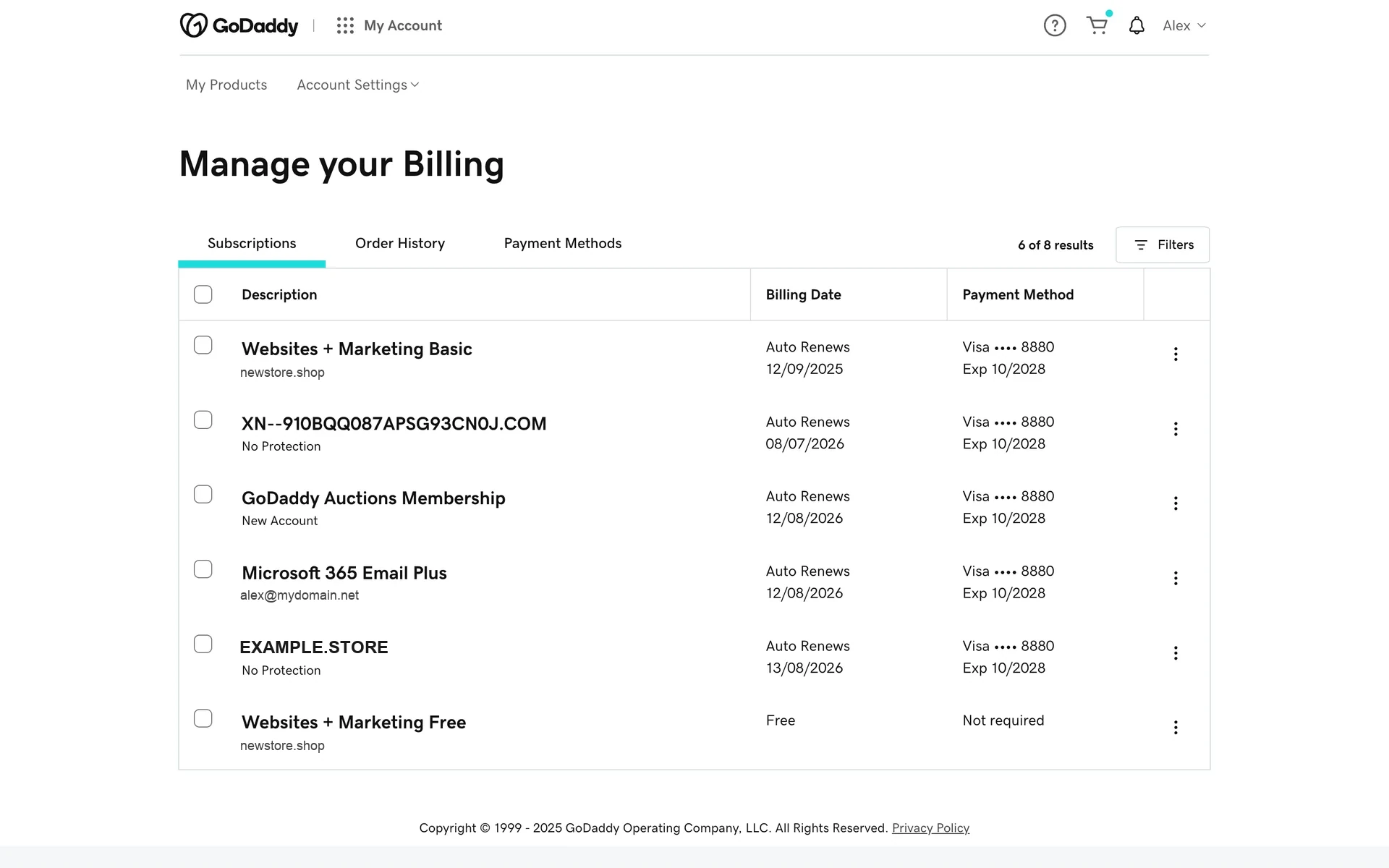 GoDaddy Manage your Billing page on the Subscriptions tab, listing products such as Websites + Marketing Basic, a domain, GoDaddy Auctions Membership and Microsoft 365 Email Plus, each showing "Auto Renews" with a billing date and payment method
