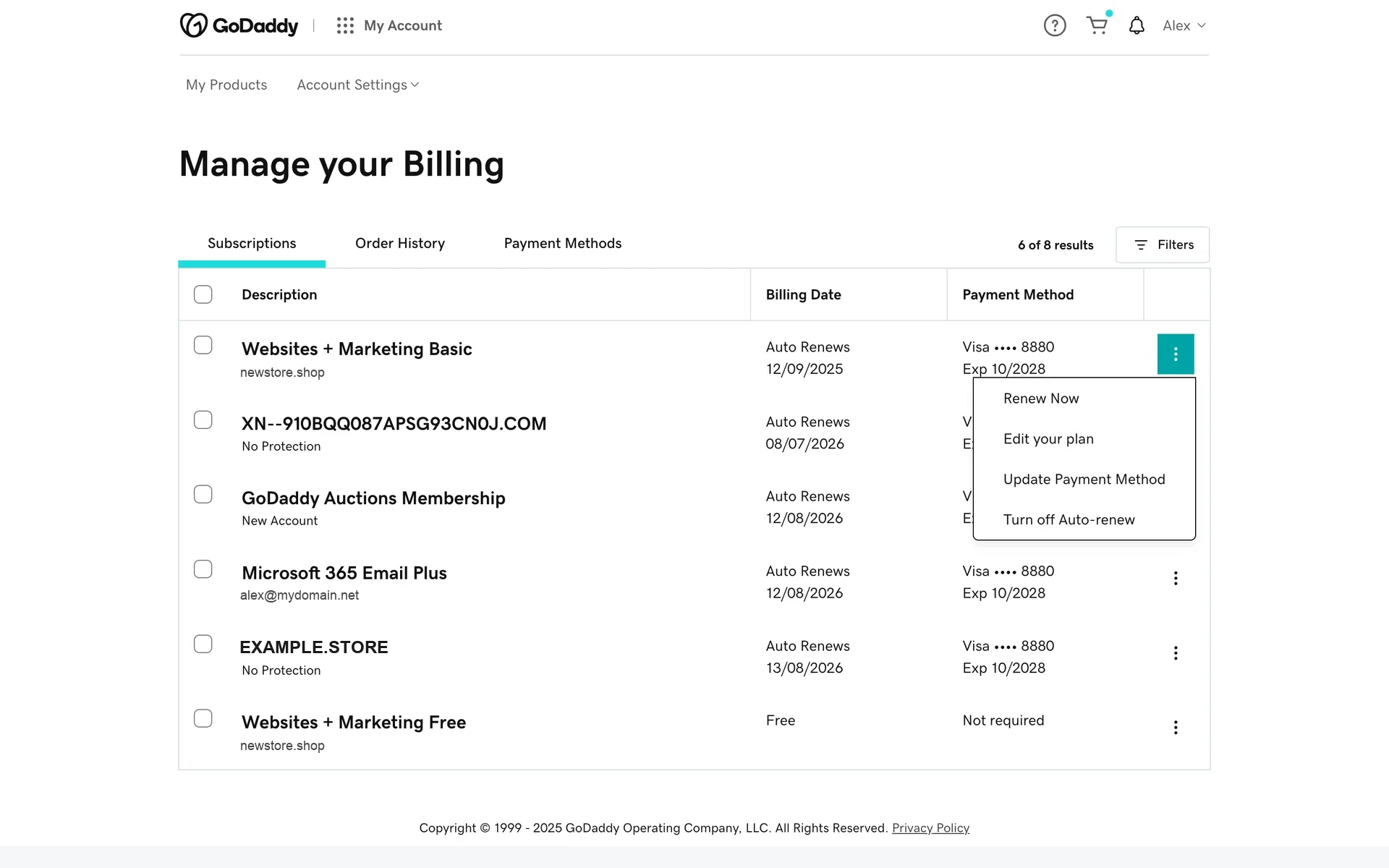 GoDaddy subscription row three-dot menu expanded showing Renew Now, Edit your plan, Update Payment Method, and Turn off Auto-renew options
