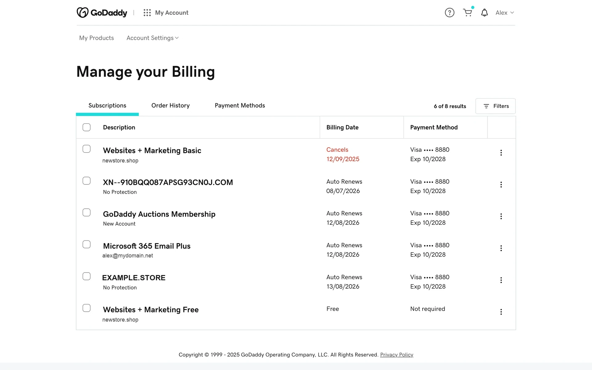 GoDaddy Subscriptions list showing the Websites + Marketing Basic product status changed to a red "Cancels 12/09/2025" instead of "Auto Renews", confirming auto-renew is off