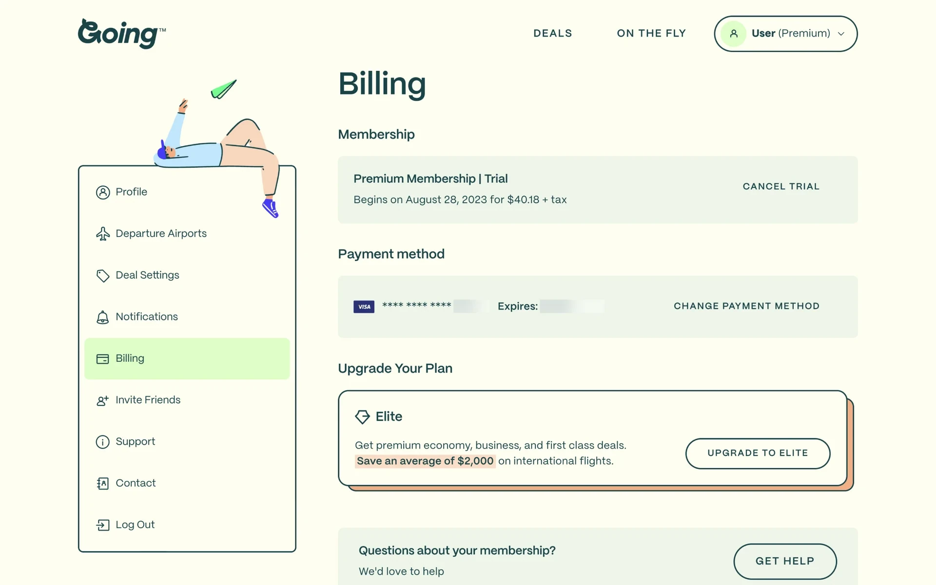 Going Billing page with a Premium Membership | Trial card showing the date the paid term begins, a CANCEL TRIAL link on the right, the saved Visa payment method below, and an Upgrade to Elite promo